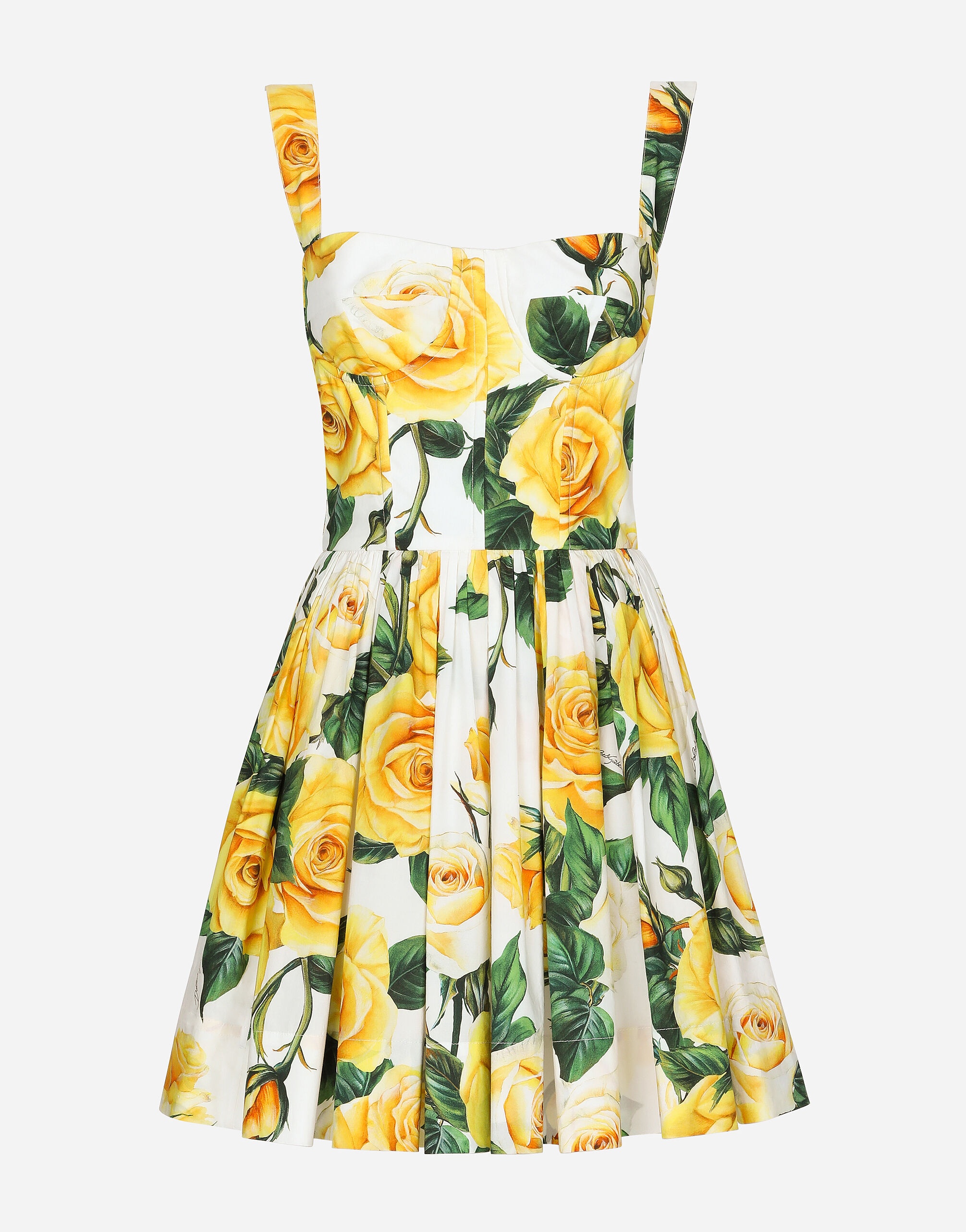 Short cotton corset dress with yellow rose print - 1