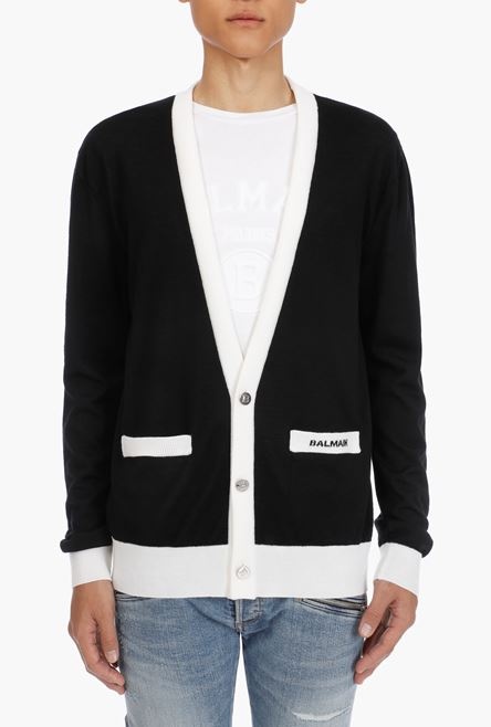 Black and white wool cardigan with small embroidered black Balmain logo - 5