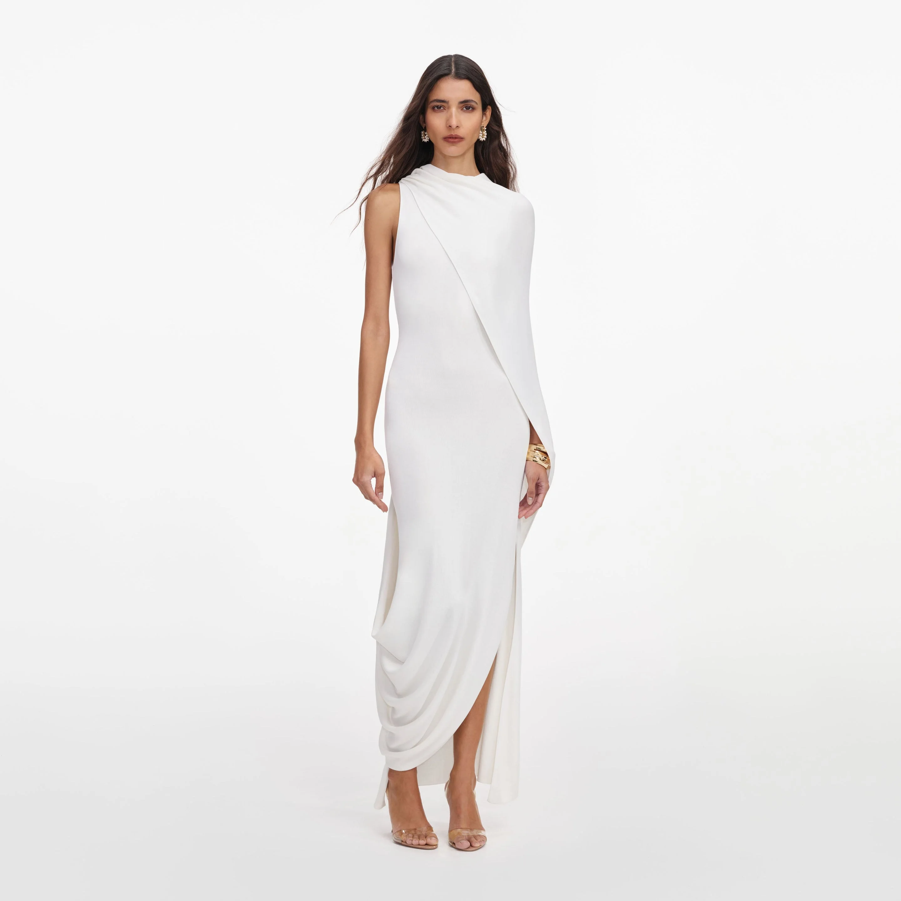 White Viscose Knit Drape Maxi Dress - 1