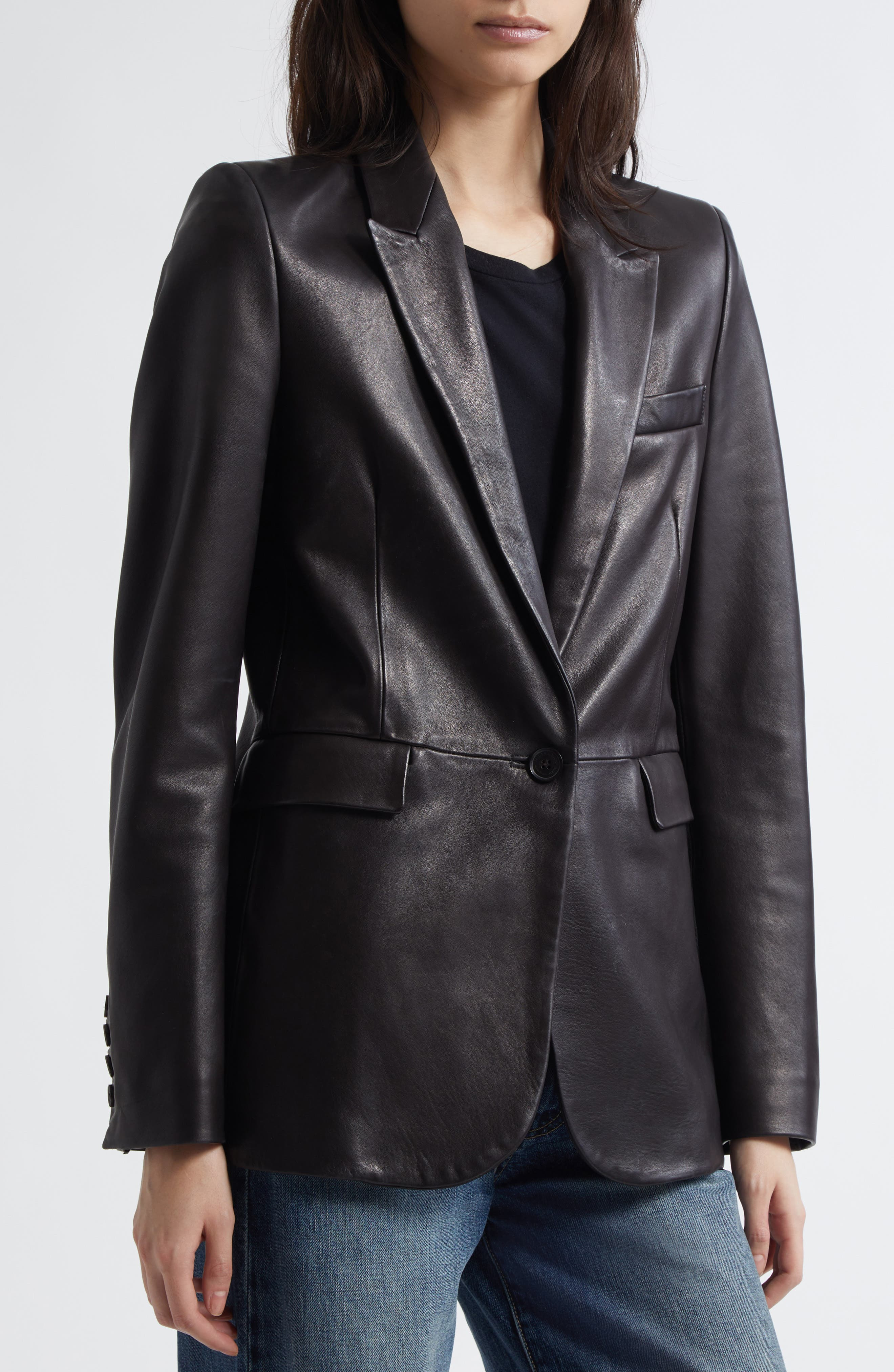 Nili Lotan Belmonde One-Button Lambskin Leather Blazer in Black at Nordstrom - 5