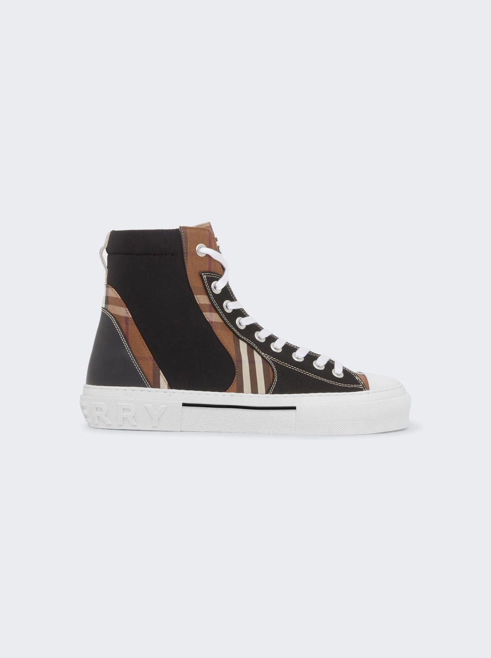 Vintage Check Cotton and Neoprene High-Top Sneakers Black and Birch Brown - 1