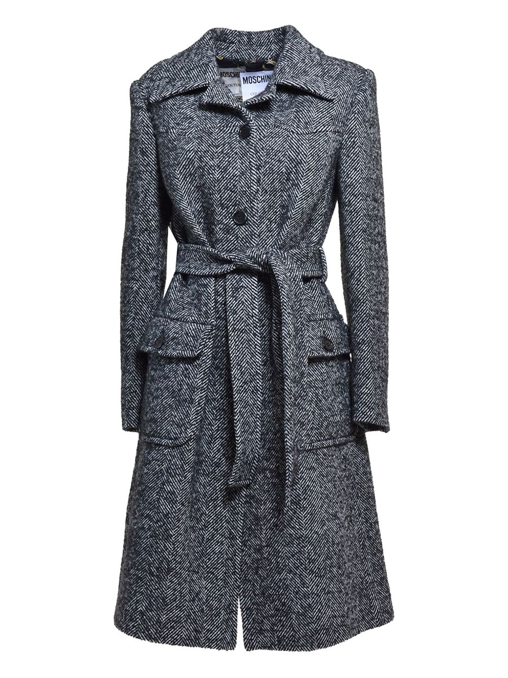 herringbone-pattern belted coat - 1