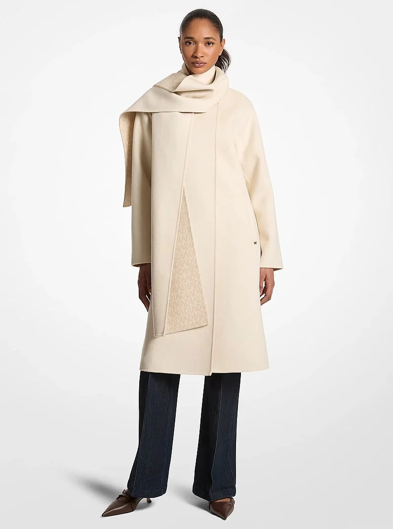 Wool Blend Wrap Coat With Scarf - 1