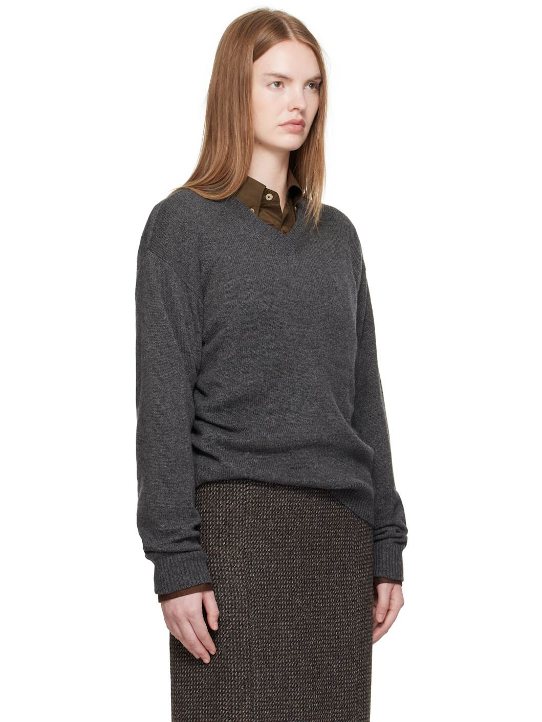 Gray Light Cashmere Knit V-Neck Sweater - 2