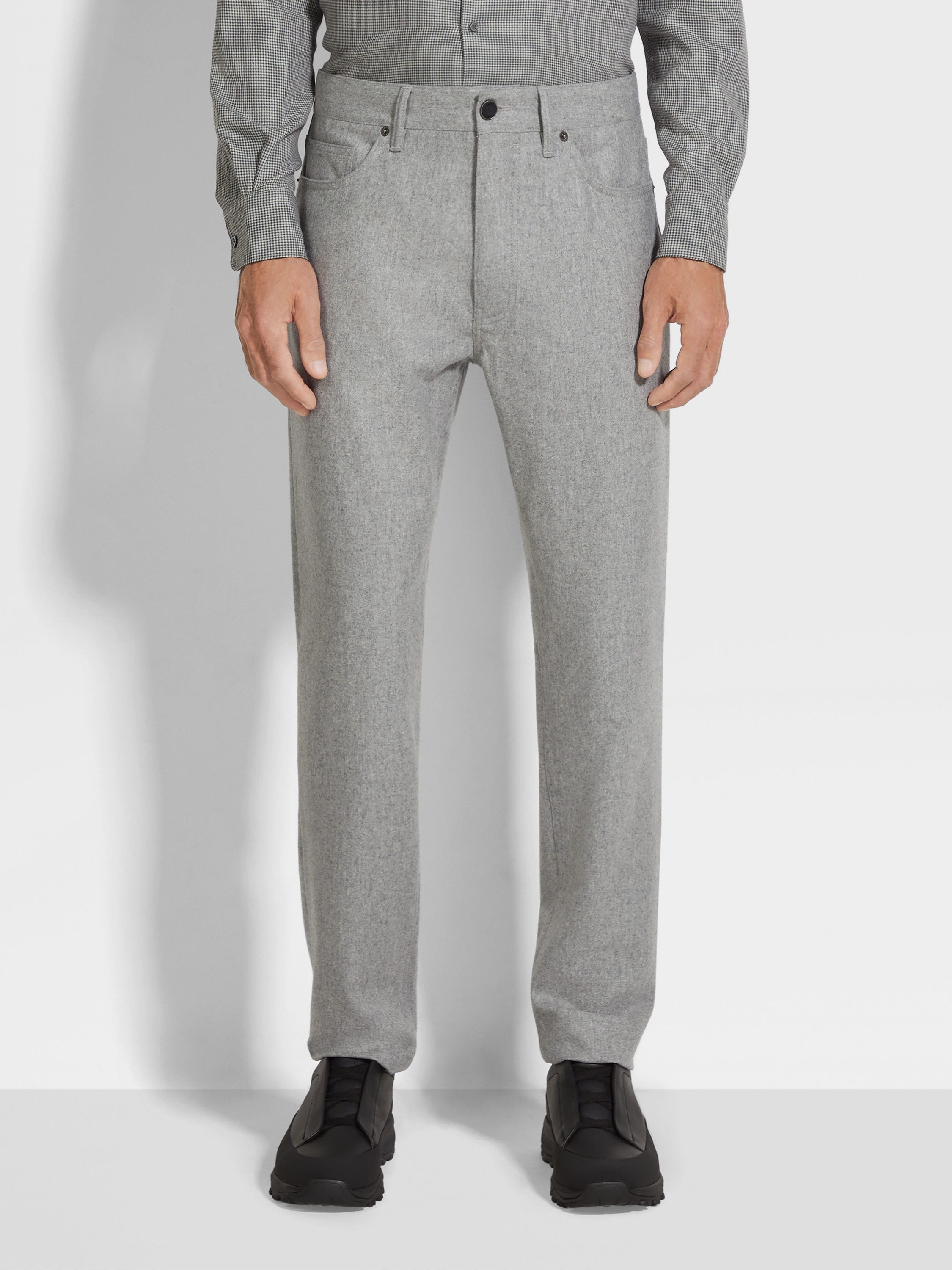 GREY MÉLANGE WOOL AND CASHMERE ROCCIA PANTS - 4