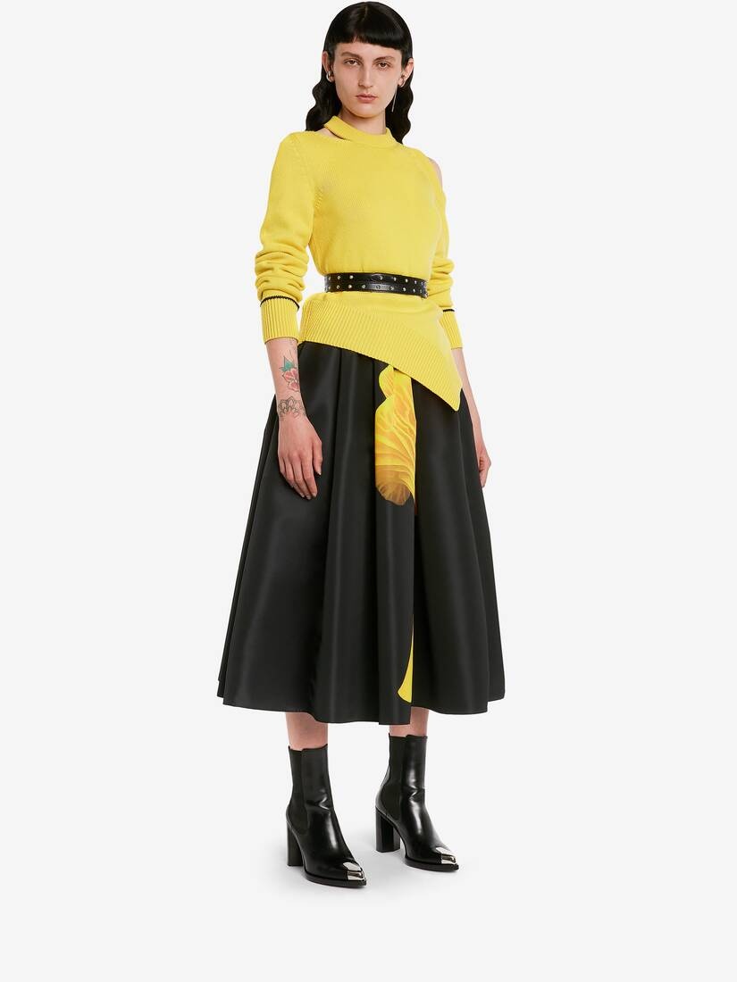 Women's Mushroom Pleated Midi Skirt in Black/yellow - 3