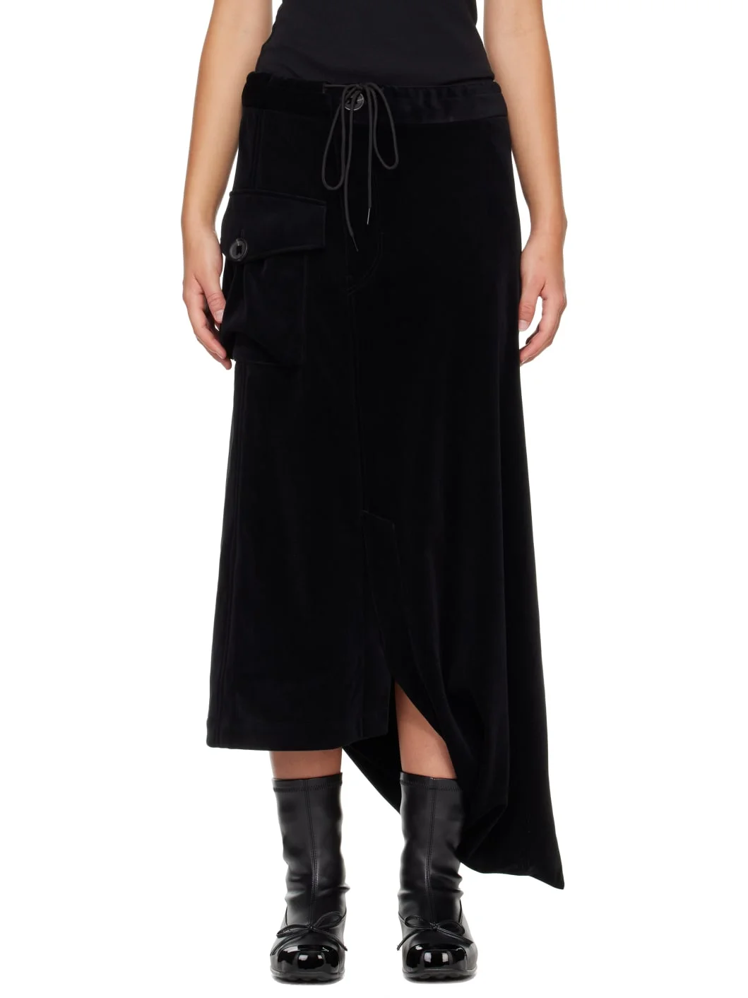 Black Velvet Corduroy Utility Midi Skirt - 1