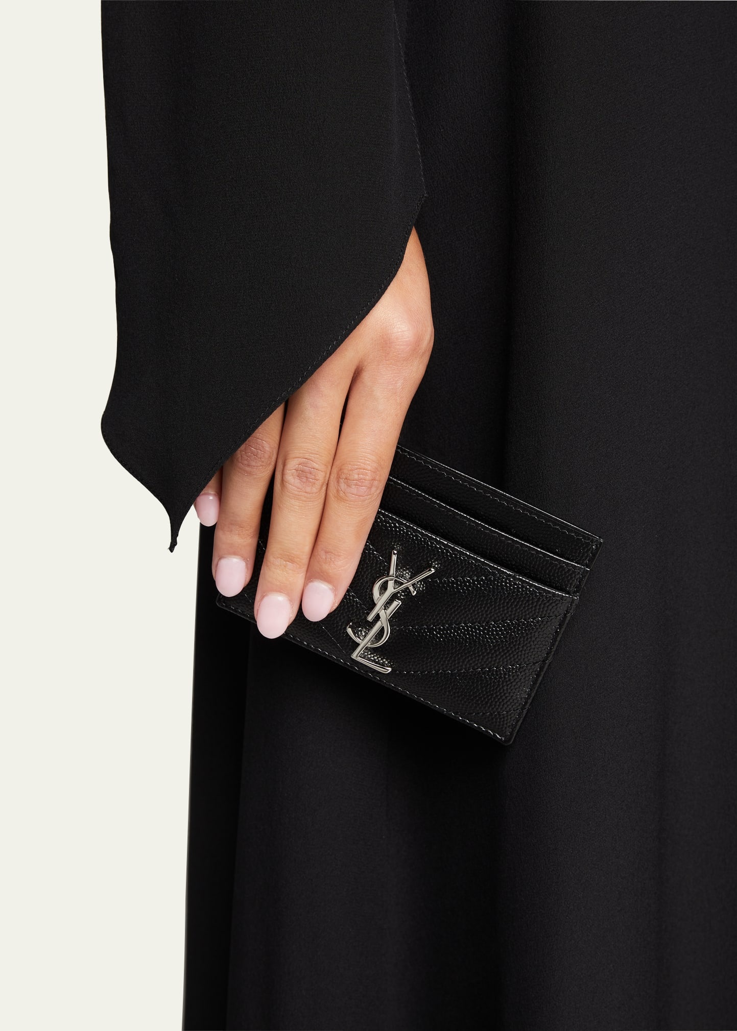 YSL Grain de Poudre Leather Card Case, Silvertone Hardware - 2