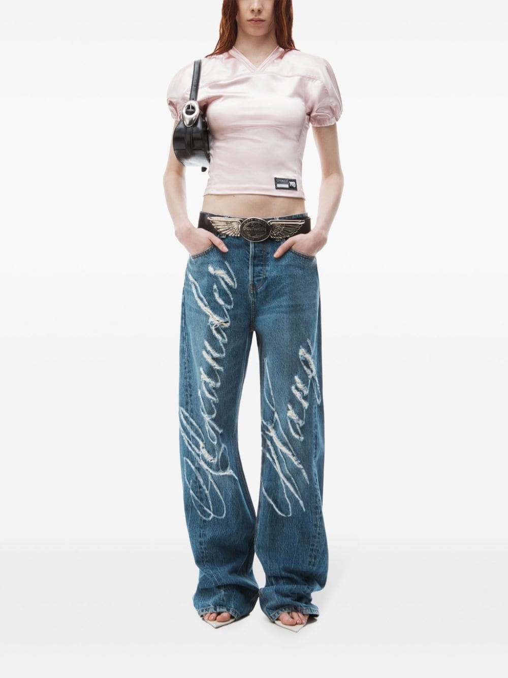 logo-frayed wide-leg jeans - 2