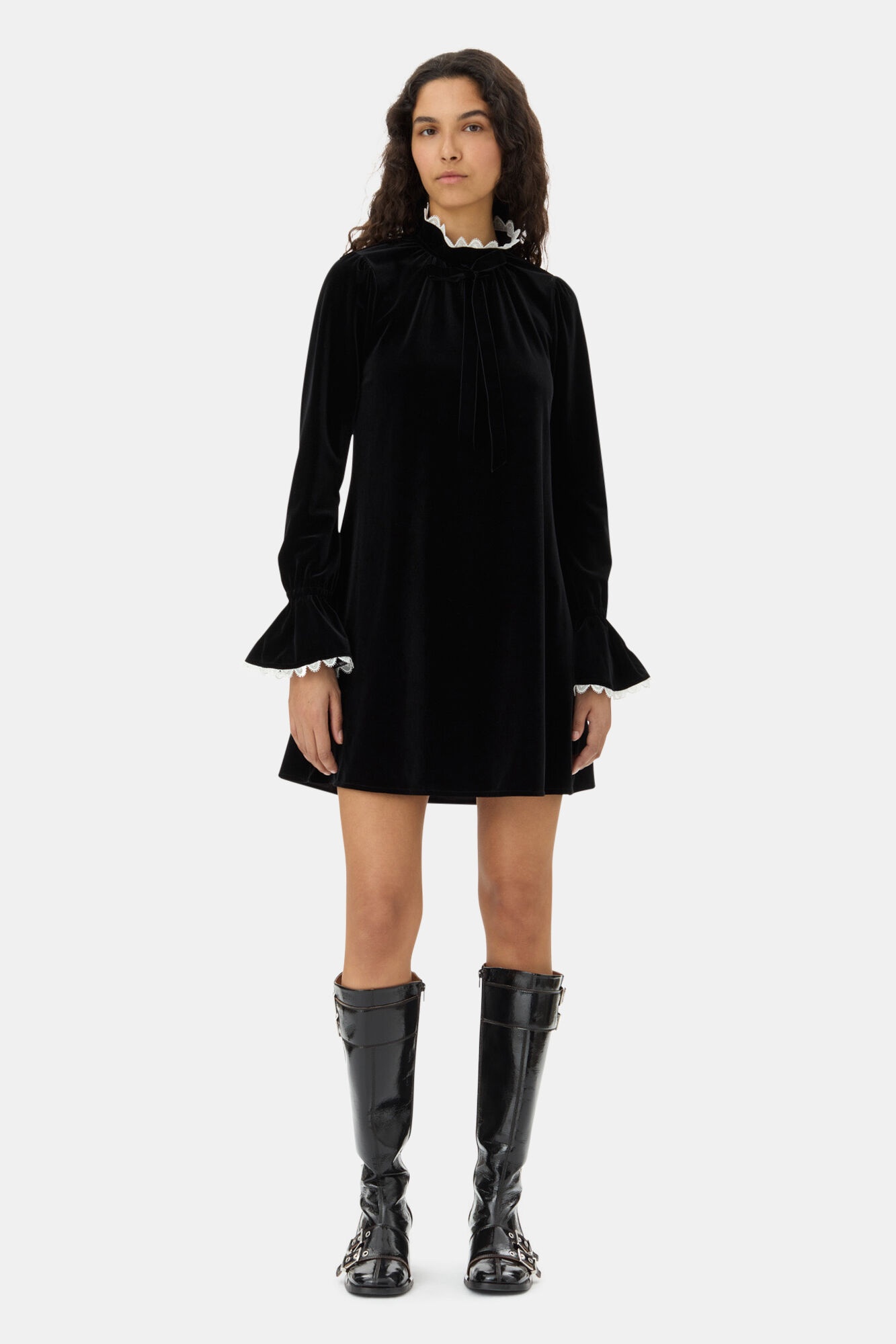 BLACK VELVET JERSEY A-LINE MINI DRESS - 1