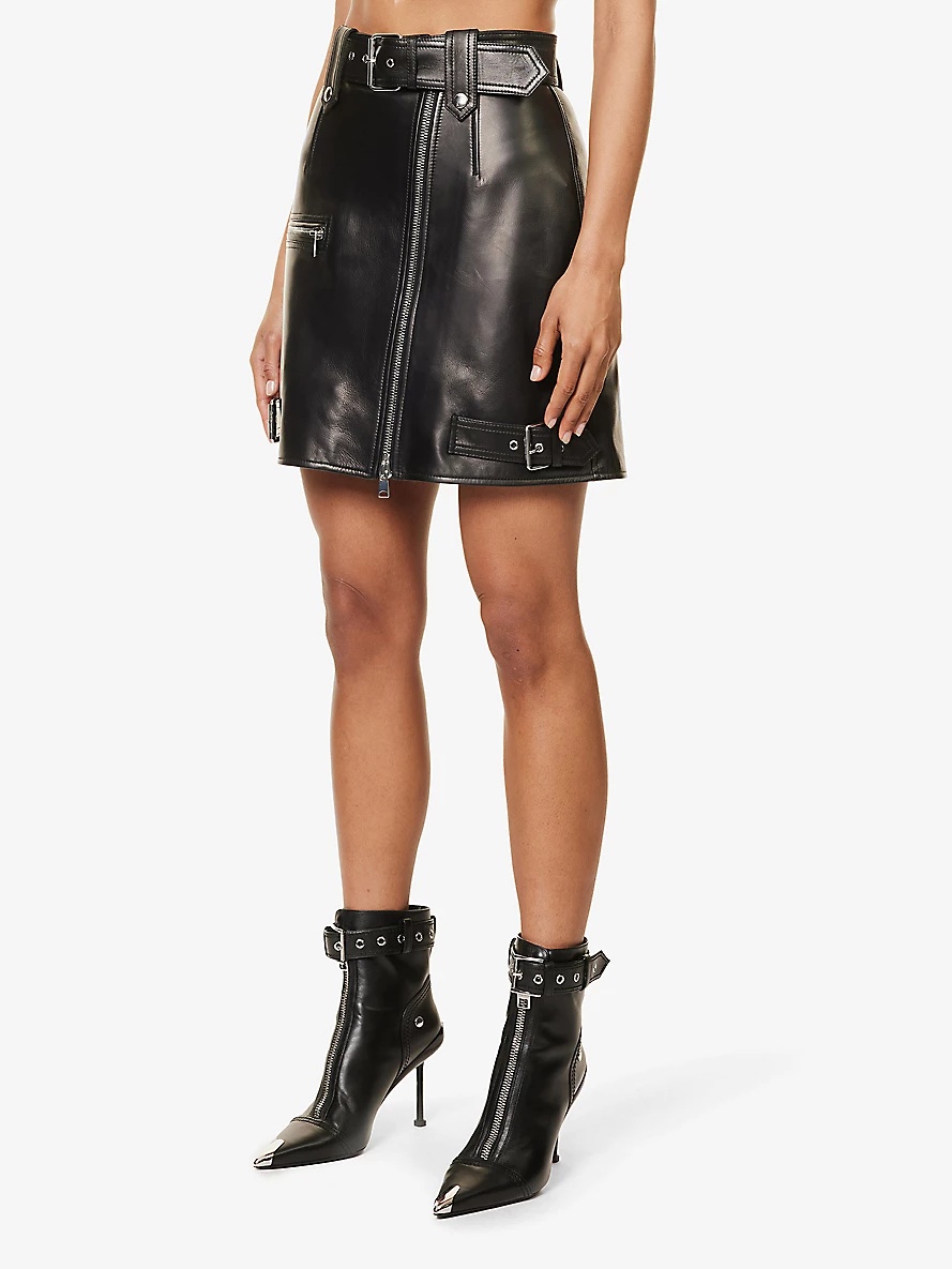 Buckle-embellished zip-front leather mini skirt - 3