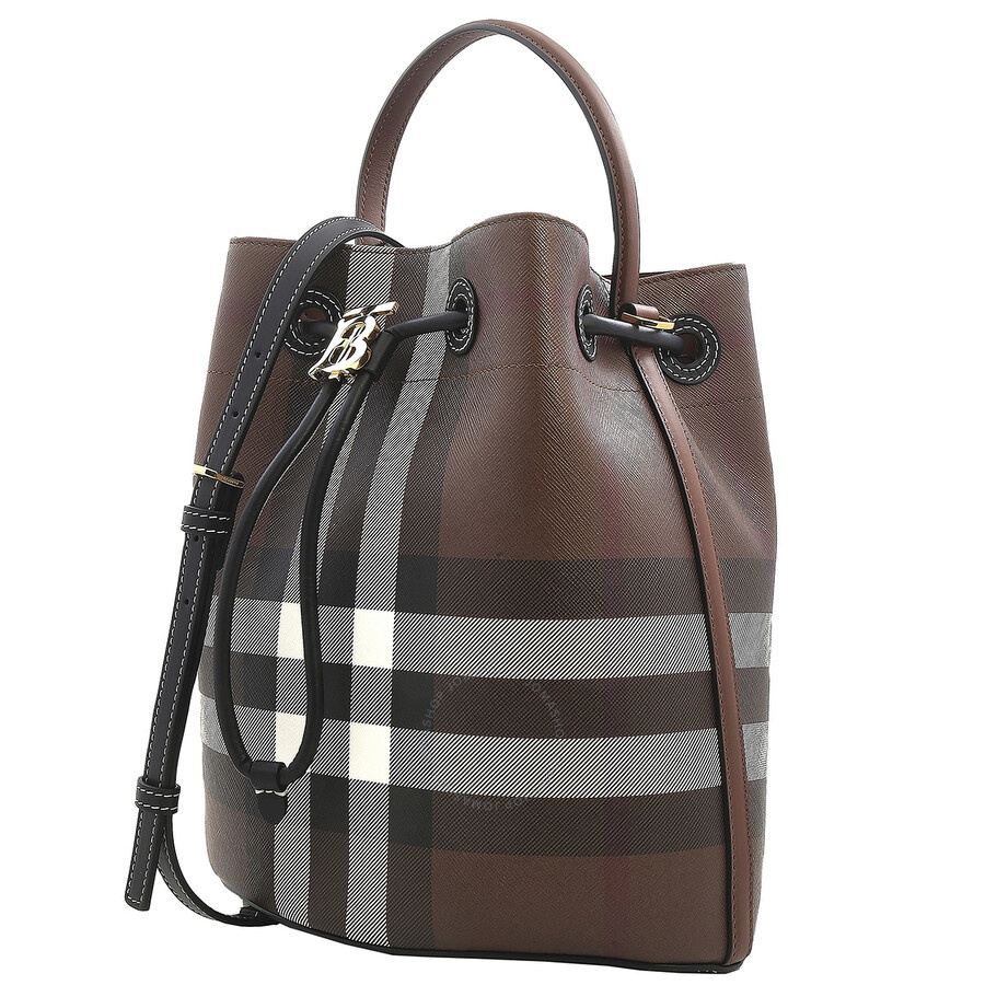 Burberry Dark Birch Brown Logo Plaque Checked Drawstring Shoulder Bag - 3