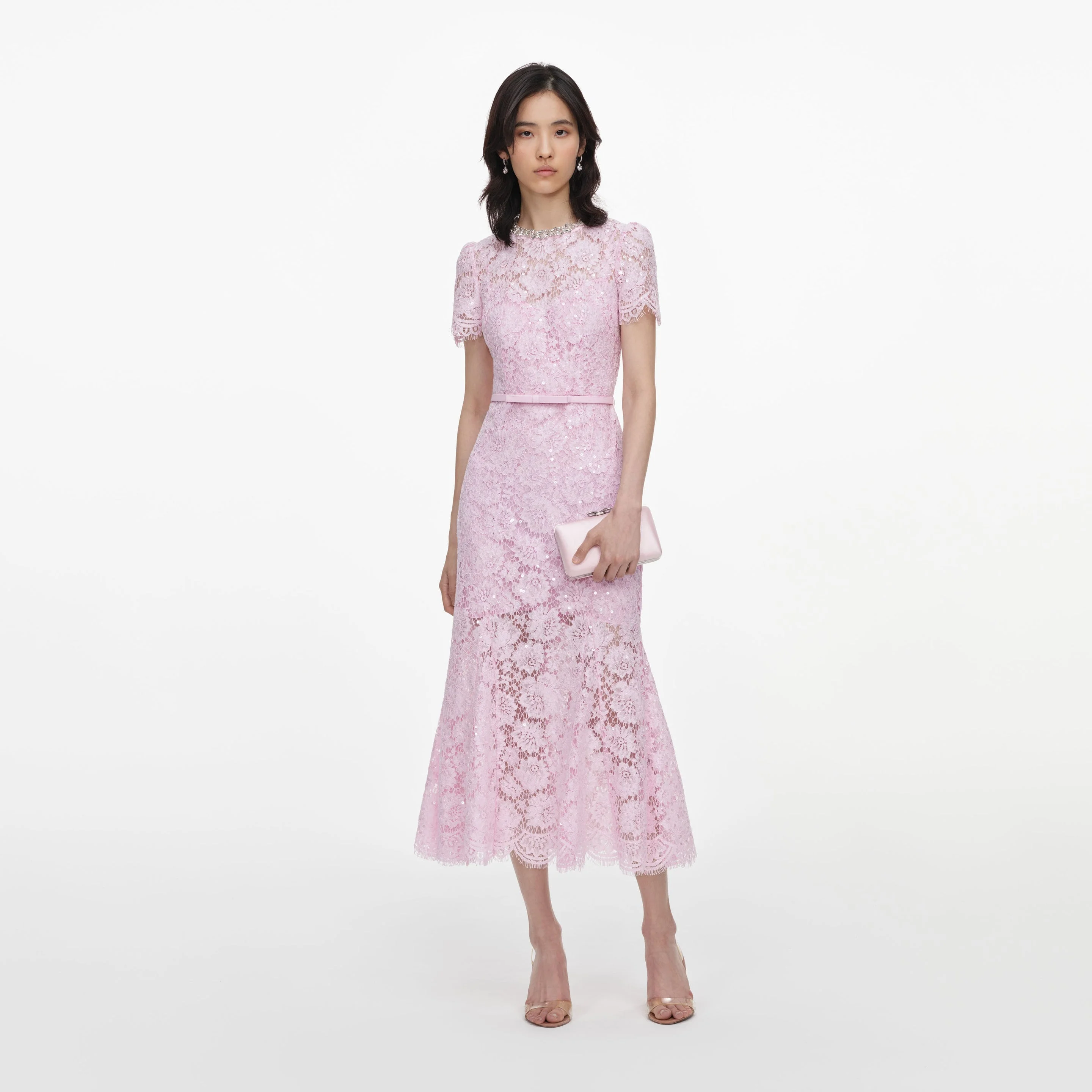 Pink Sequin Lace Midi Dress - 1