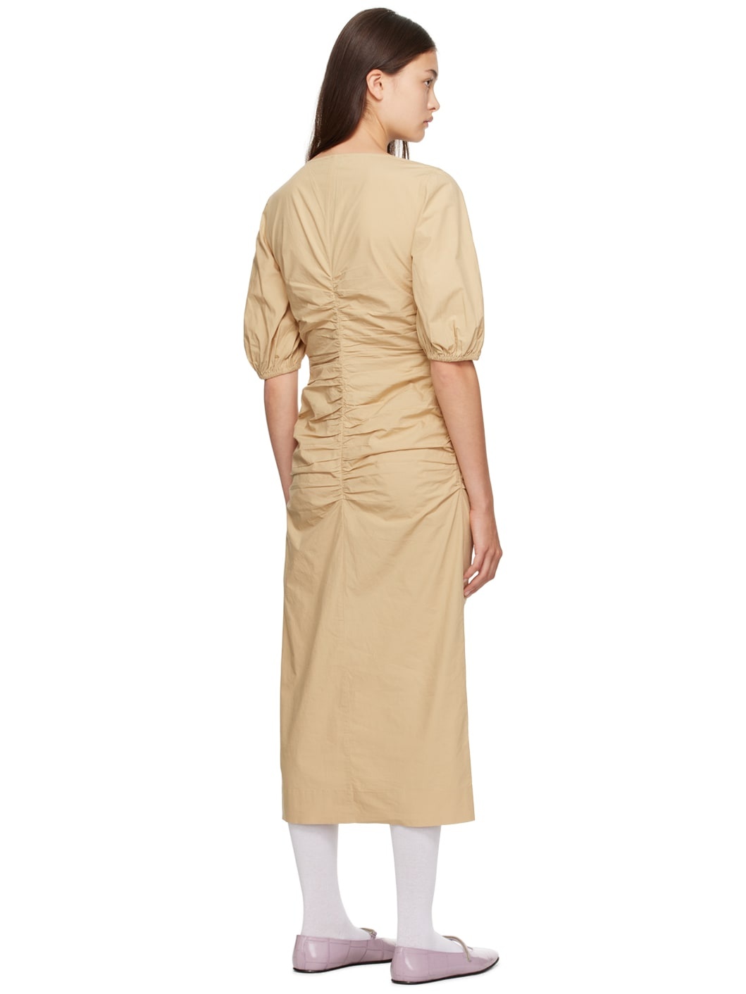 Beige Gathered Maxi Dress - 3