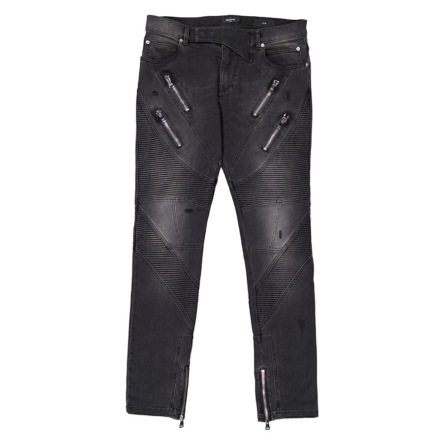 Balmain Faded Denim Biker Jeans - 5