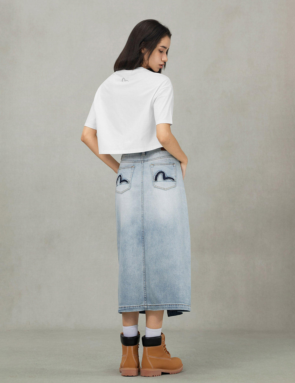 Washed Deconstructed Seagull Fashion Fit Demin Midi Skirt - 4