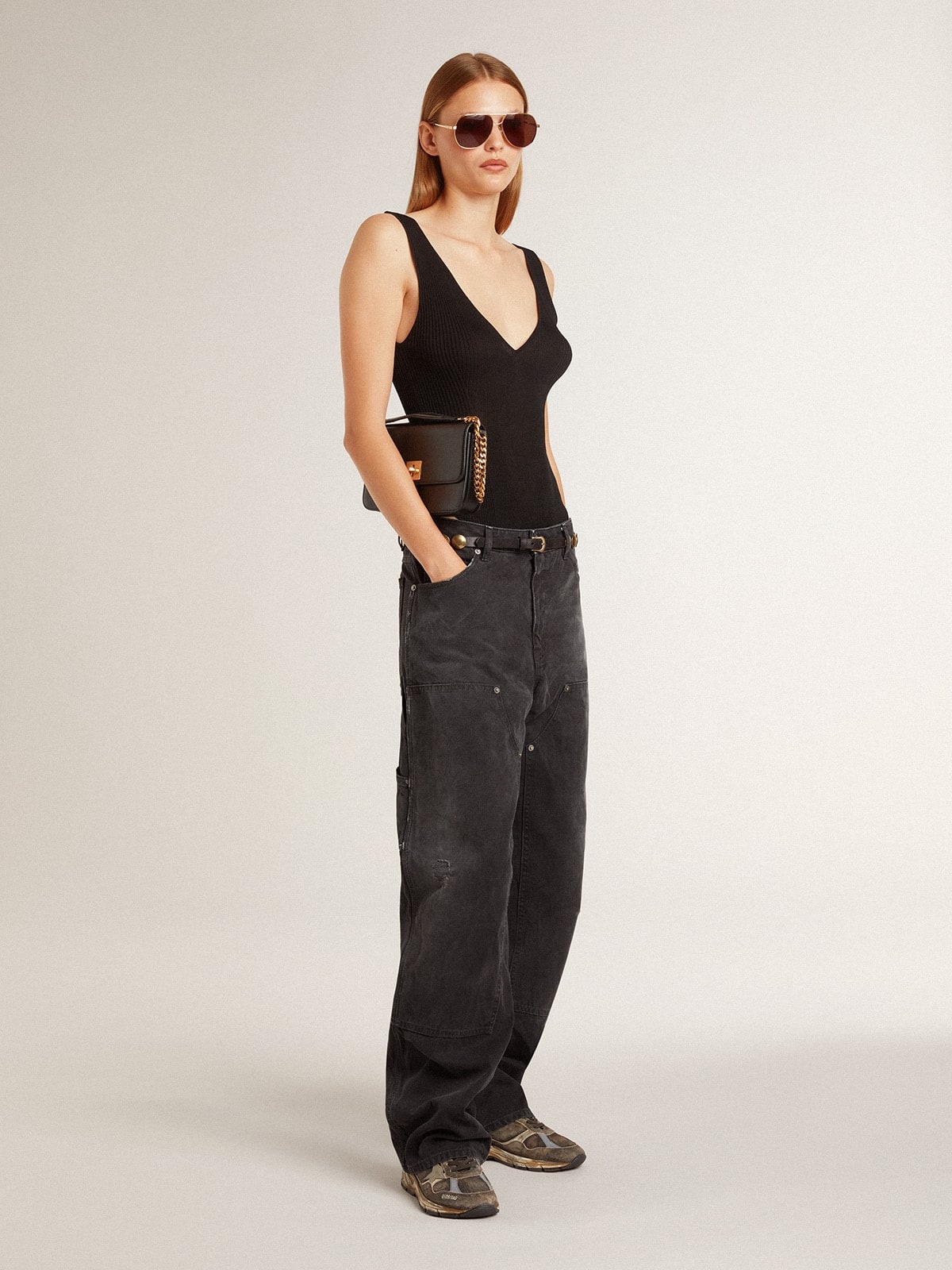 Women's distressed black cotton jeans with front patches - 3