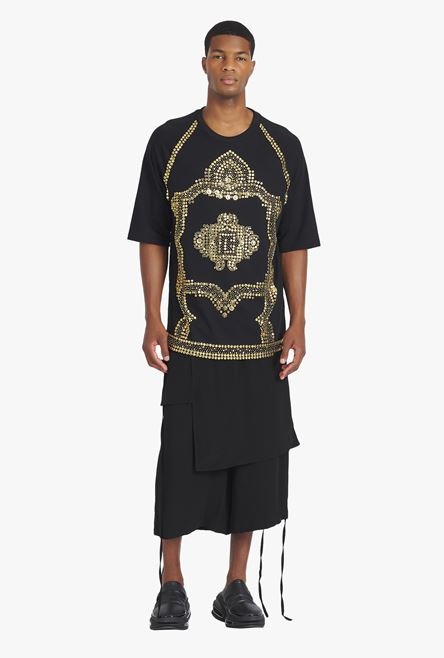 Oversized black cotton T-shirt with gold-tone studded embroidery - 2