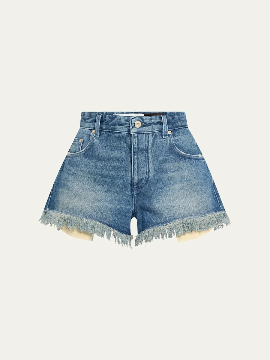 Anagram Detail Frayed Denim Shorts - 1