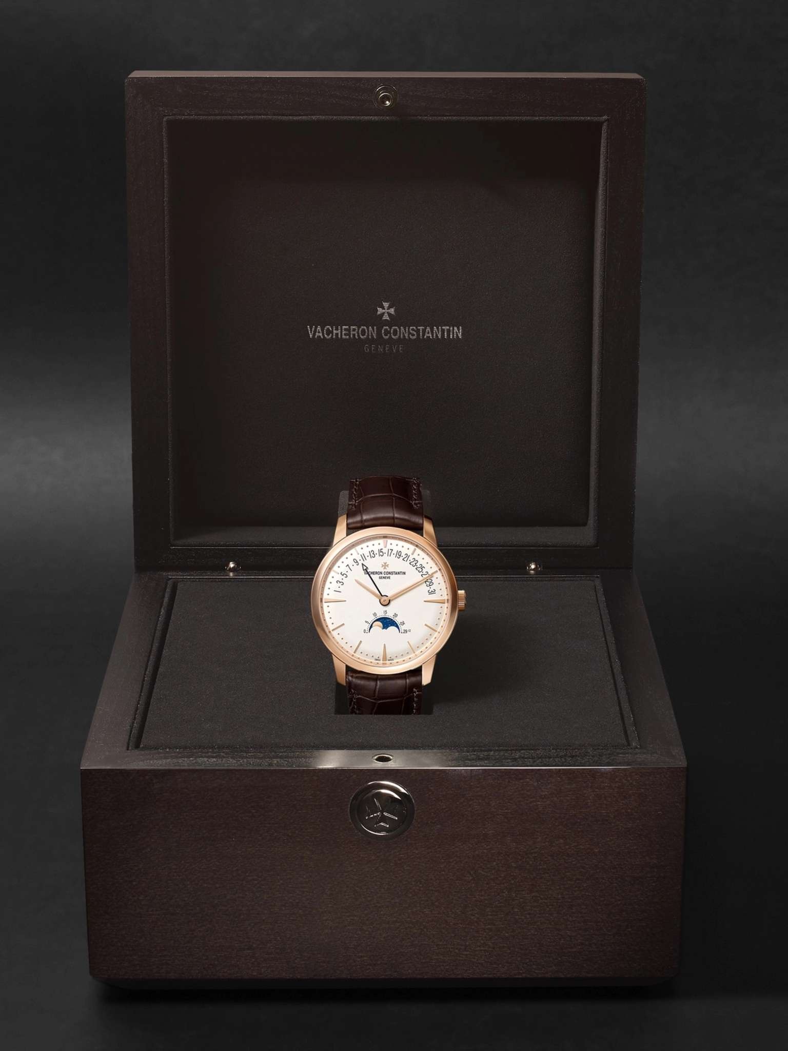 Patrimony Moon-Phase and Retrograde Date Automatic 42.5mm 18-Karat Pink Gold and Alligator Watch, Re - 9