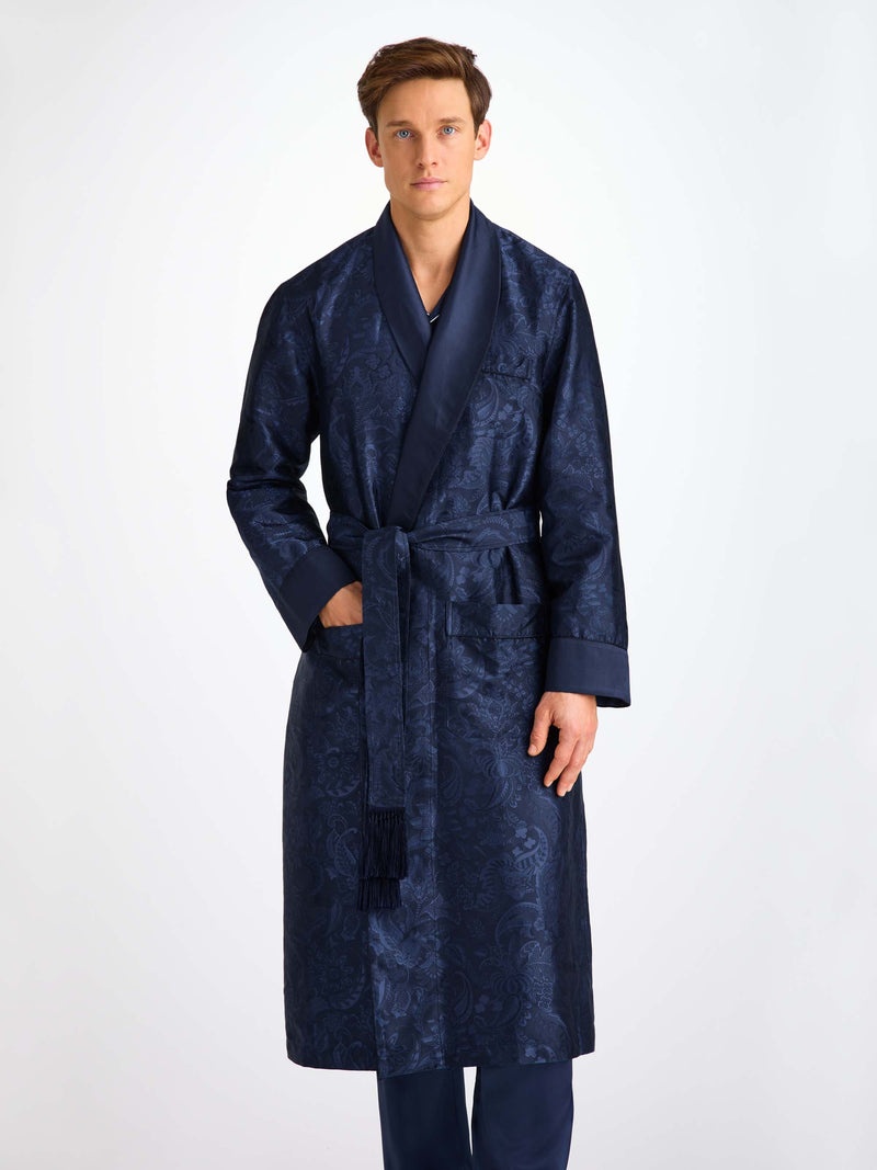 Men's Robe Silk Jacquard Navy Jungle Paisley Pattern - 4