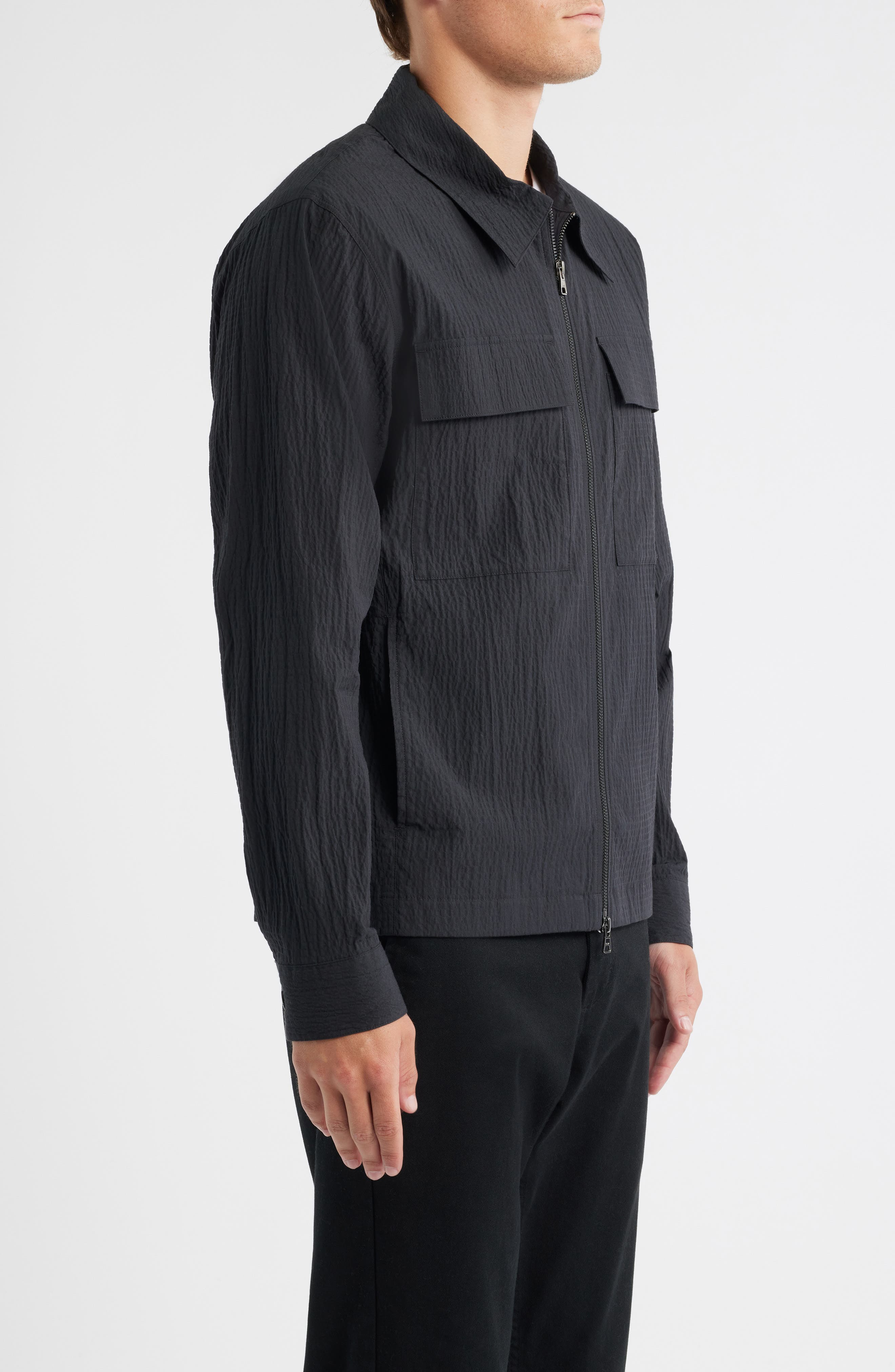 NN07 Alban 5721 Cotton Seersucker Zip-Up Shirt Jacket in Black at Nordstrom - 4