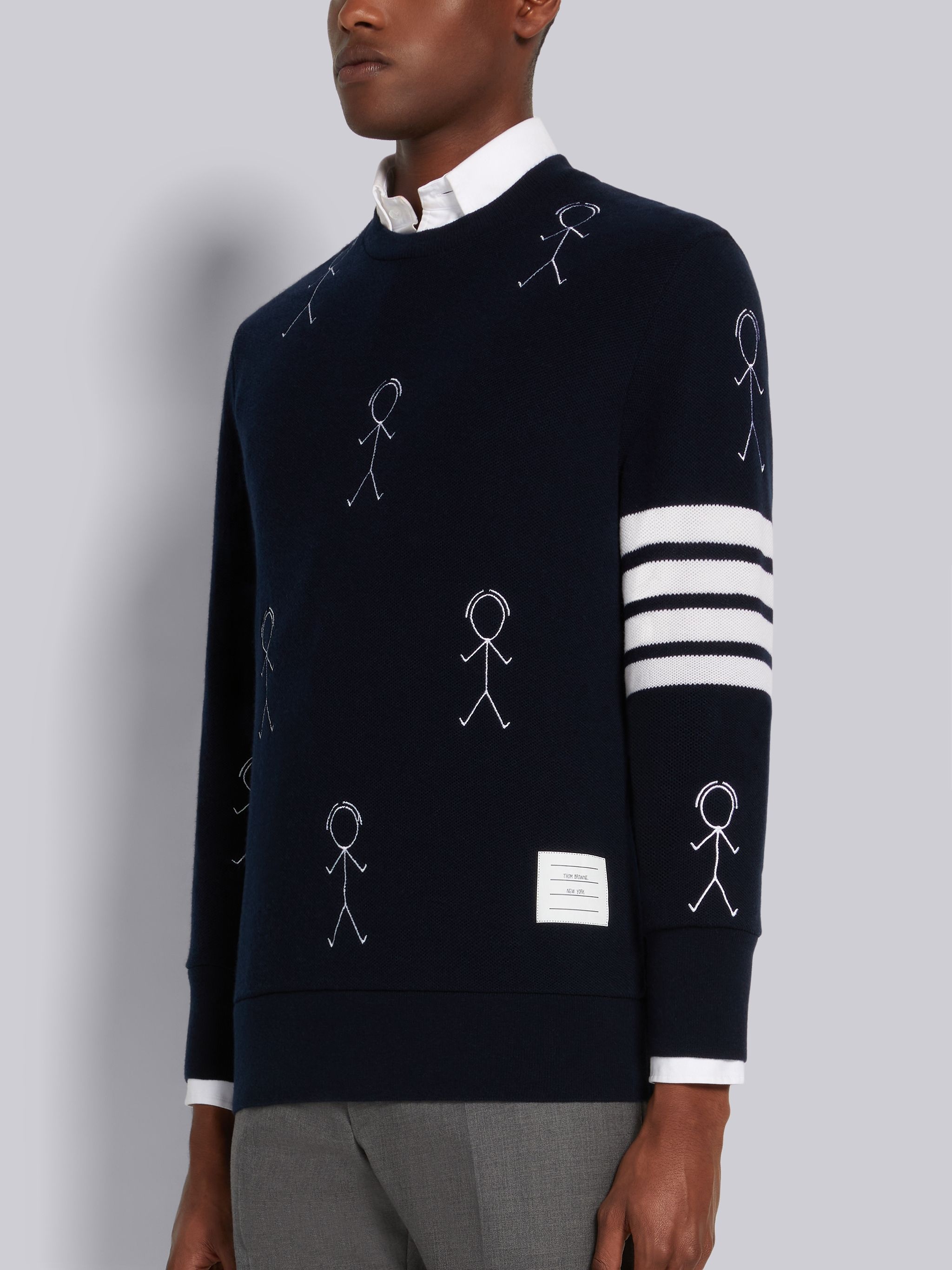 Navy Cashmere Pique 4-Bar Mr. Thom Half Drop Embroidered Sweatshirt - 2