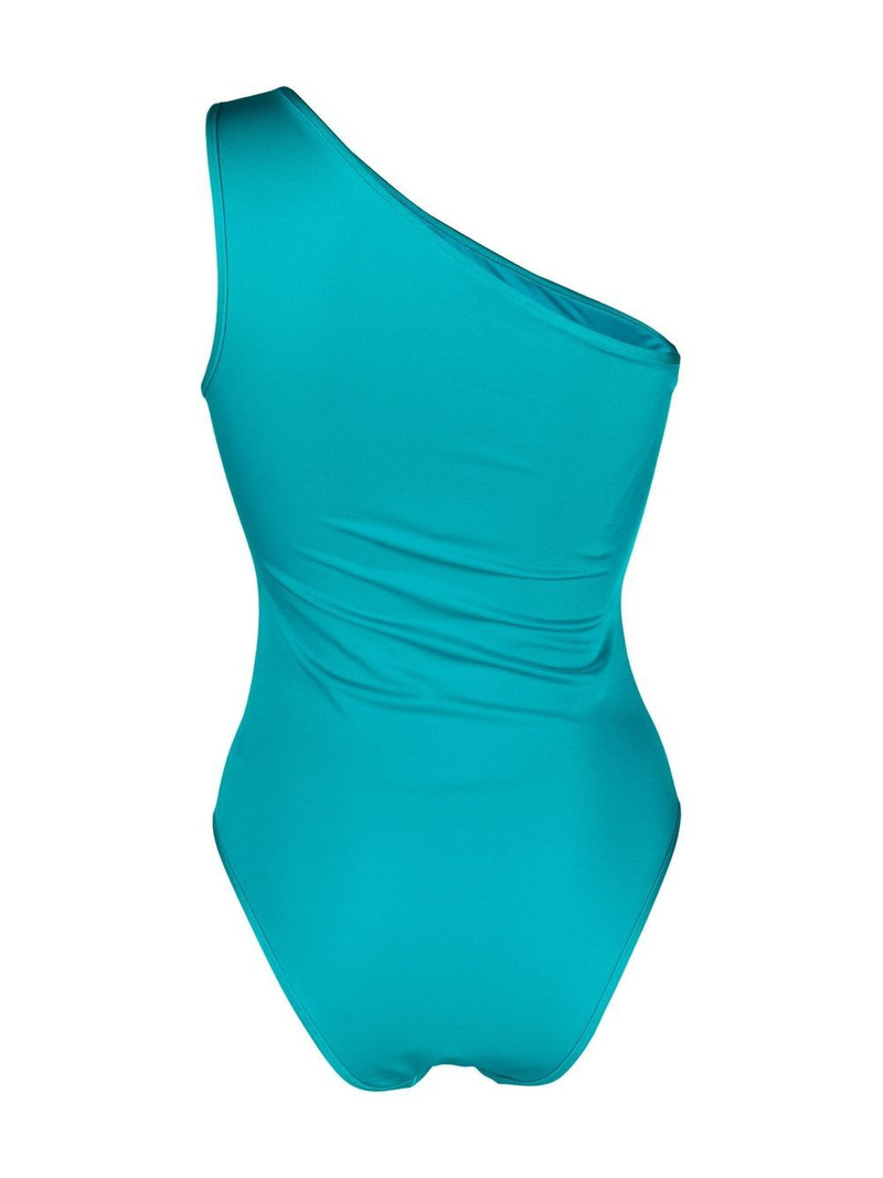 Balmain flocked-logo one-shoulder swimsuit outlook