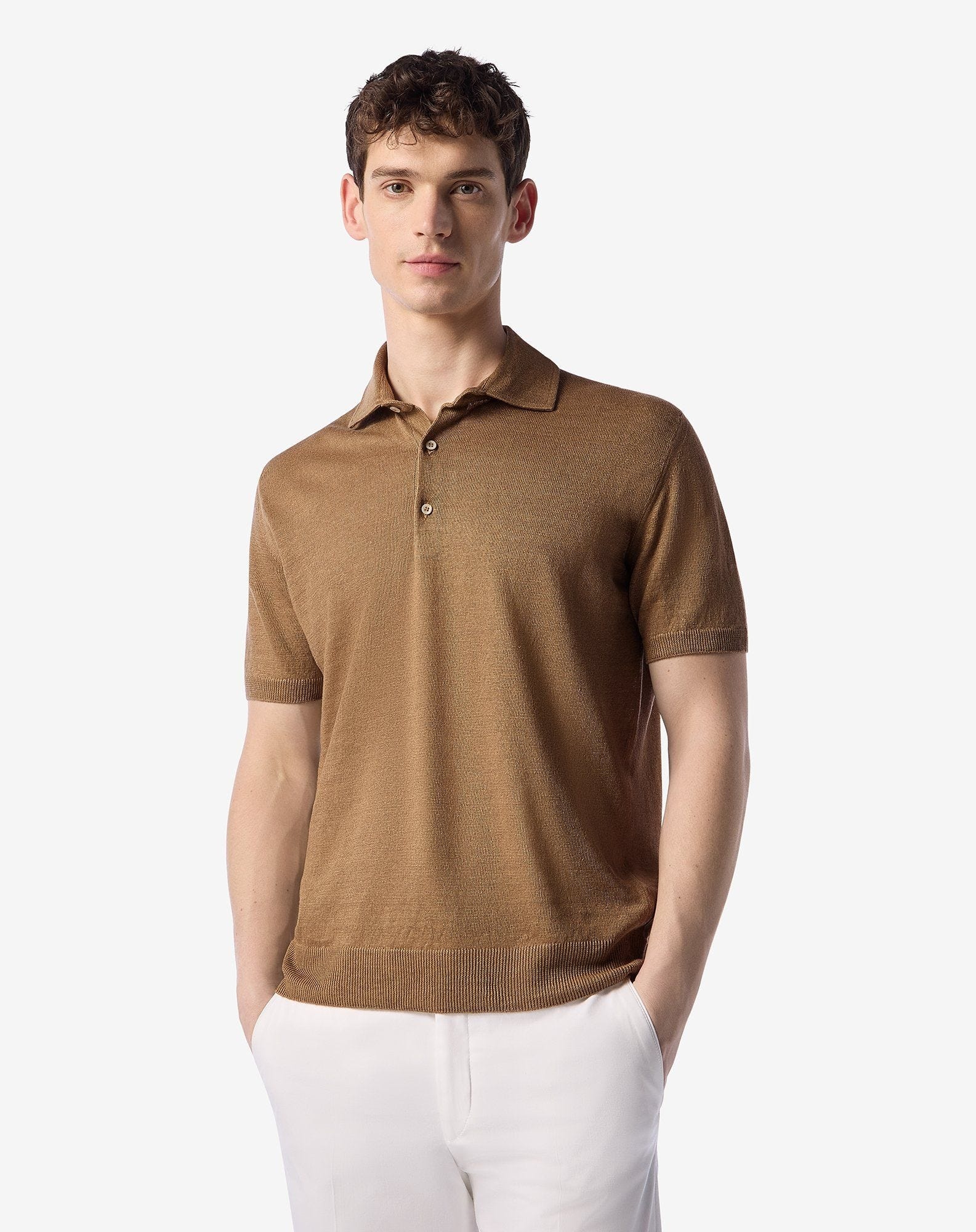 Hazelnut brown button-up linen polo shirt - 2