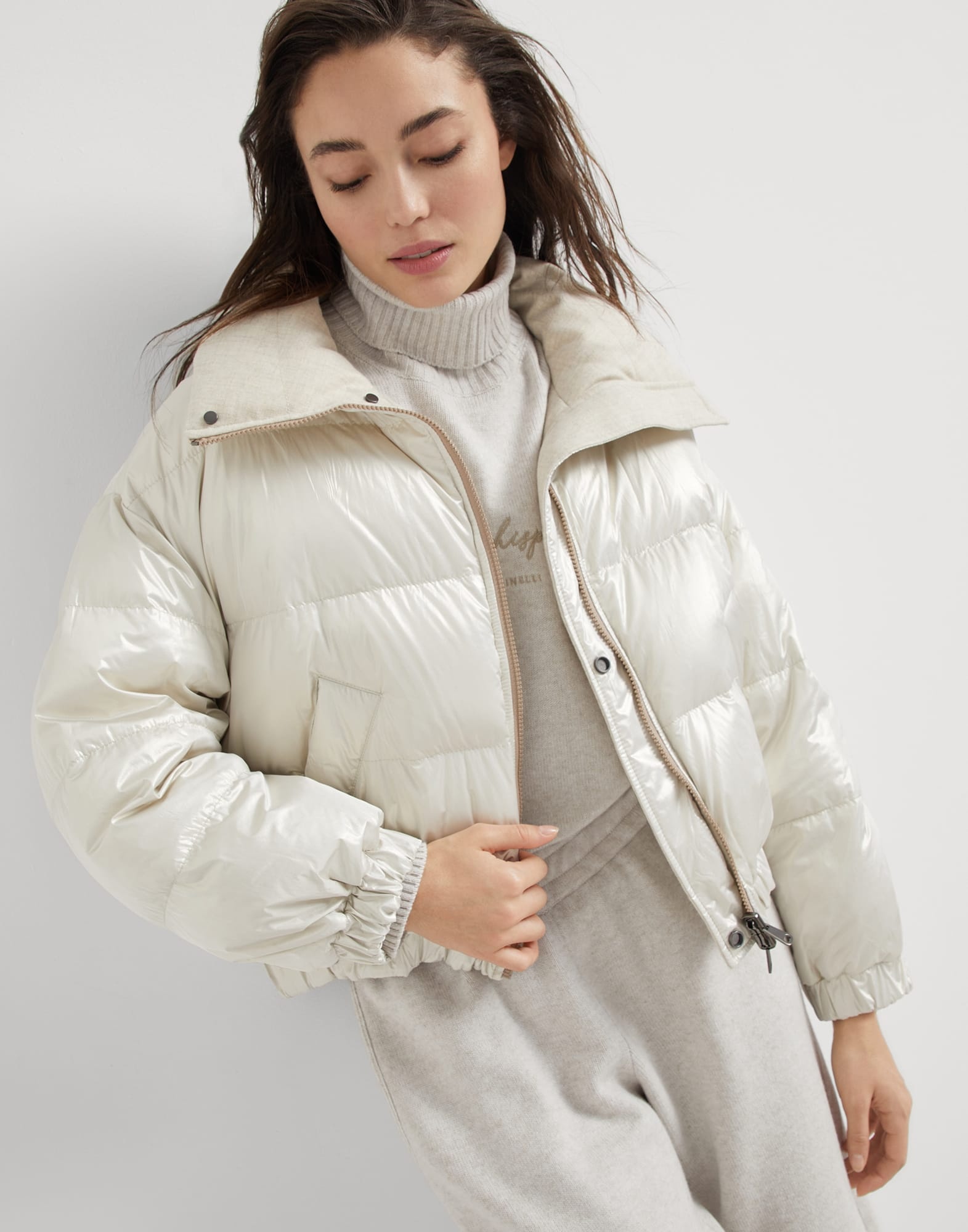 Sparkling canvas down jacket with monili - 4