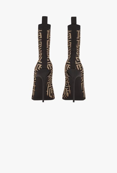 Bicolor shiny stretch knit Skye ankle boots with gold and black Balmain monogram - 3