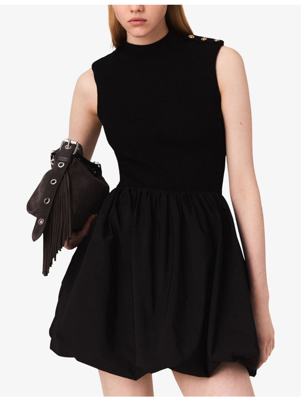 Button-Embellished Bubble-Hem Woven Mini Dress - 3