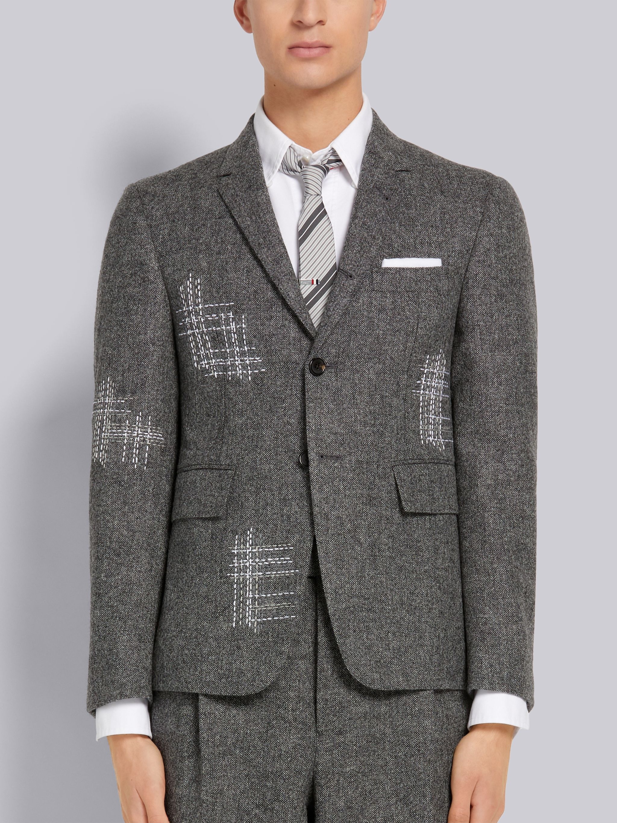 Medium Grey Donegal Tweed Mending Stitch Embroidery Classic Sport Coat - 1