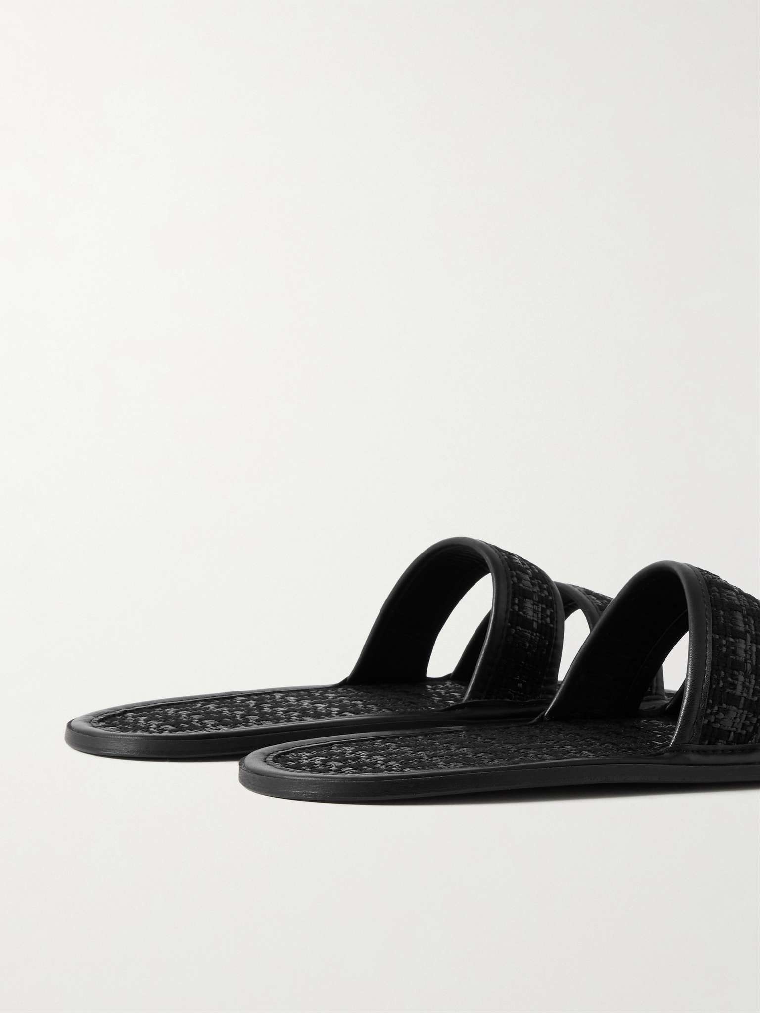 Leather-Trimmed Woven Raffia Slides - 5
