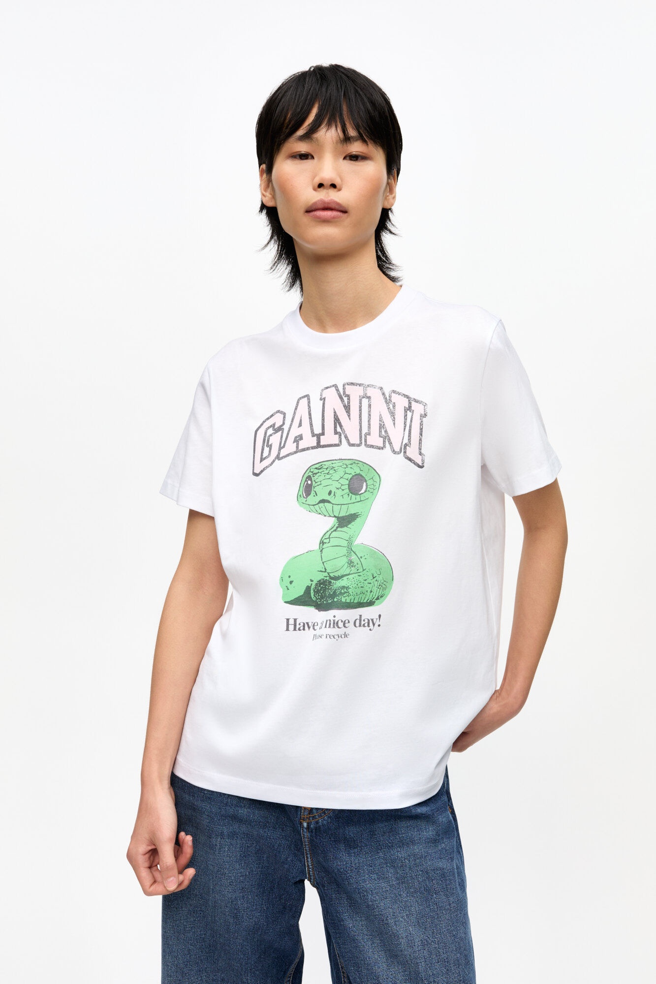 WHITE BASIC JERSEY SNAKE RELAXED T-SHIRT - 2
