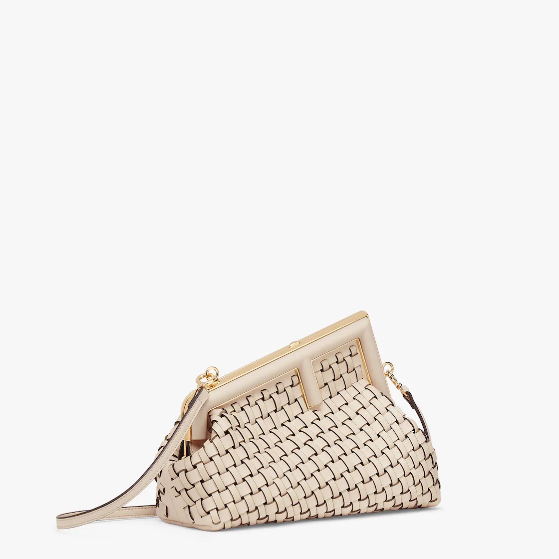 Small Fendi First bag made of finely braided beige leather, with oversized metal F clasp bound in to - 2