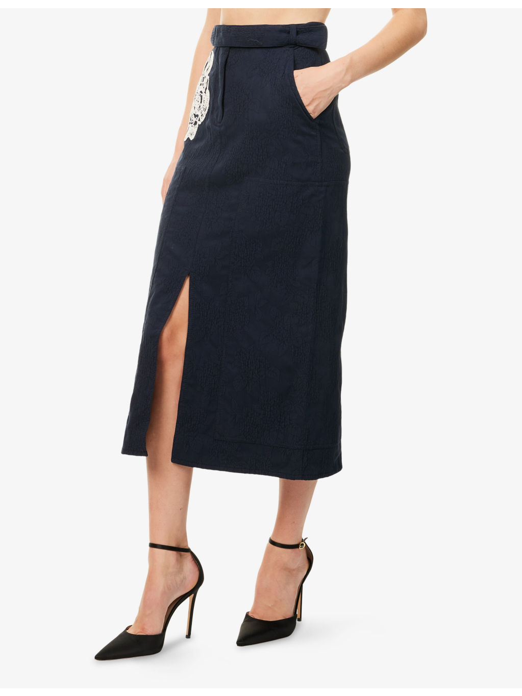 Flower-Embroidered A-Line Cotton-Blend Midi Skirt - 3
