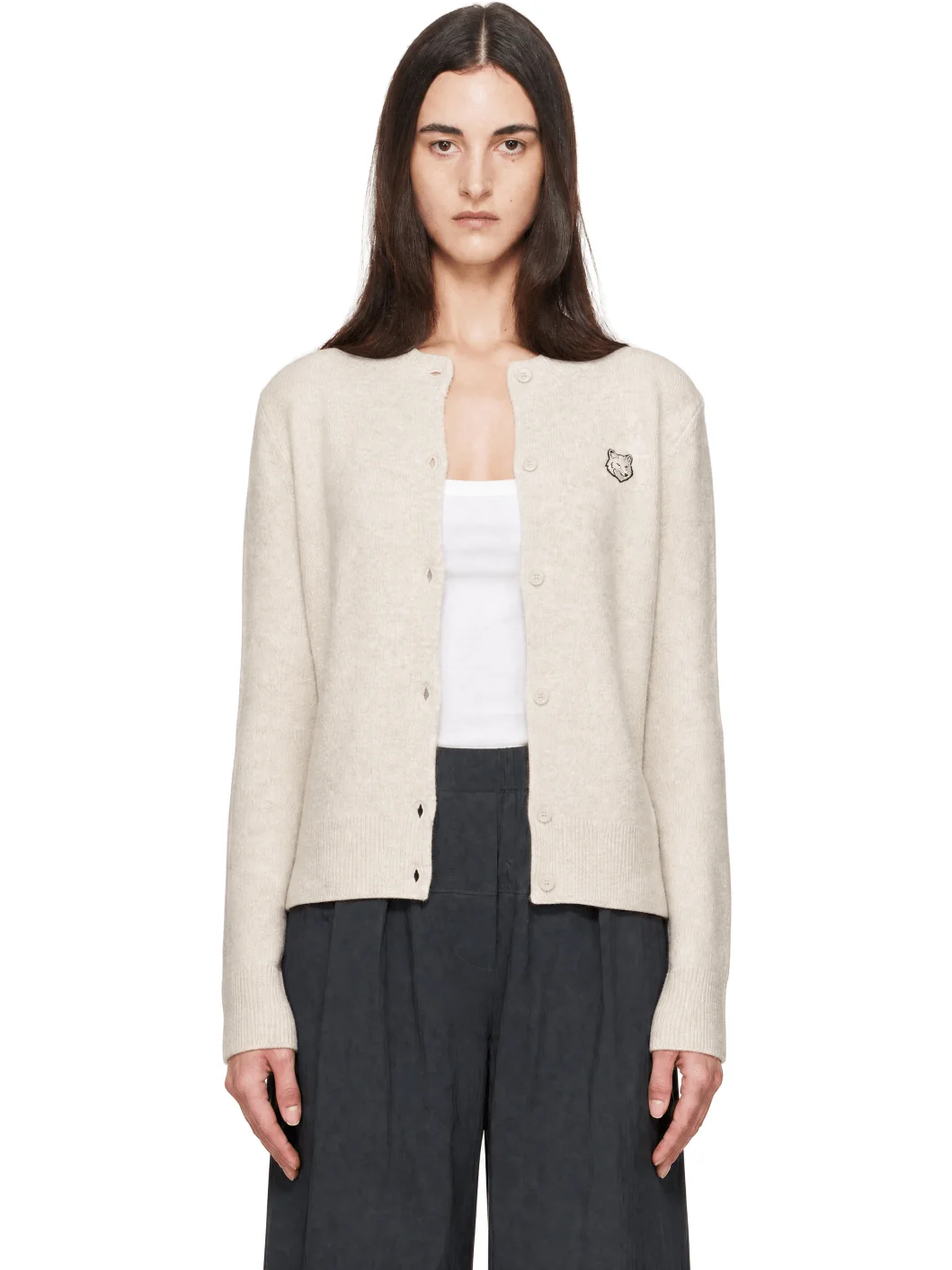 Beige Fox Head Lambswool High Neck Cardigan - 1