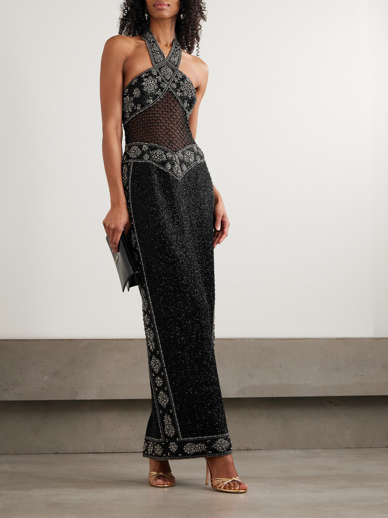 CLIO PEPPIATT Cyndi Cutout Embellished Mesh Halterneck Gown outlook