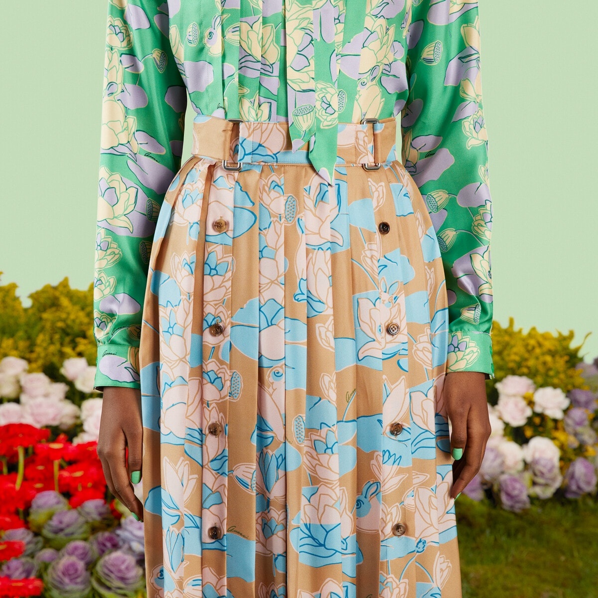 Waterlily print pleated silk skirt - 4