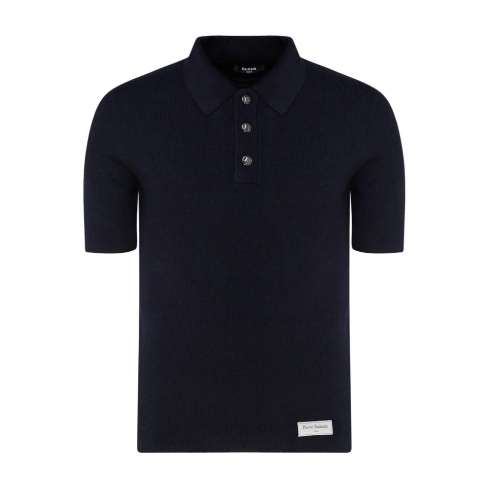 Balmain NAVY BLUE WOOL LOGO PATCH POLO SHIRT | miinto