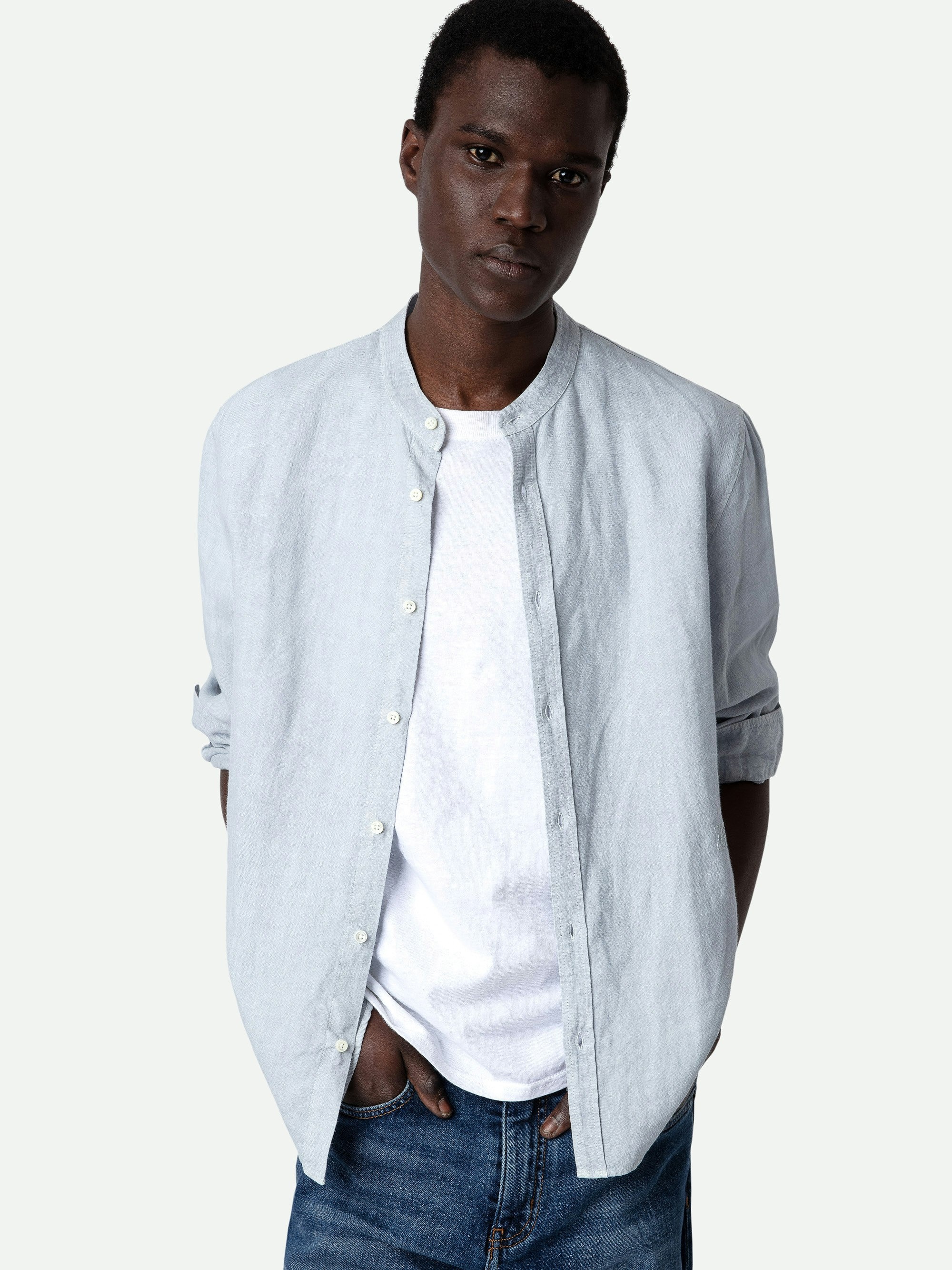 Stan Linen Band Collar Shirt - 6