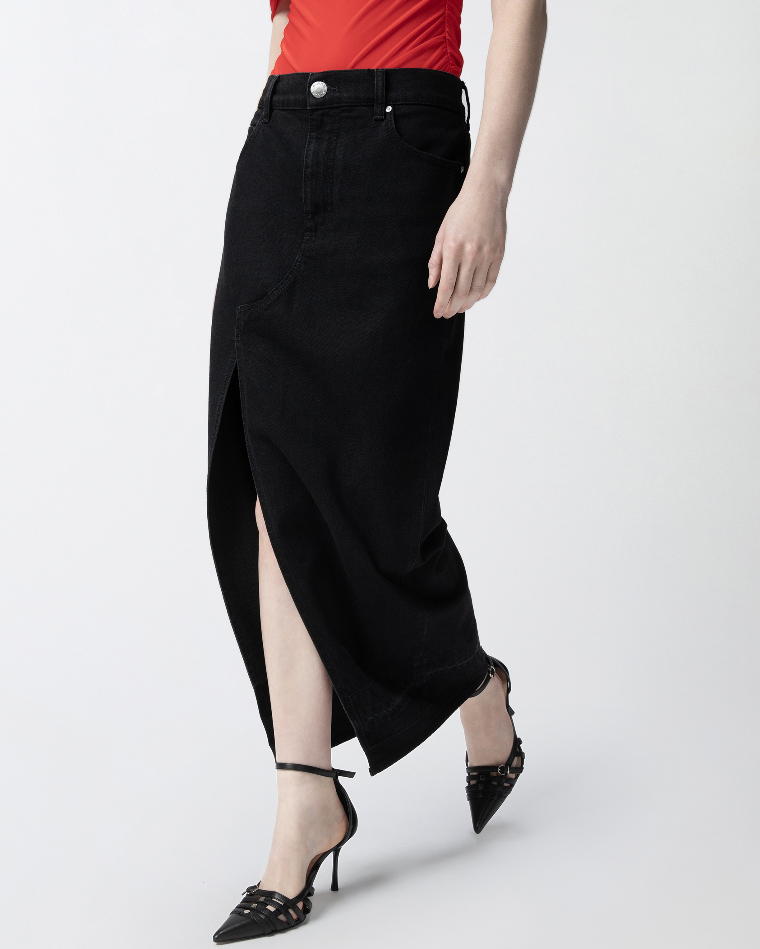 LONG SKIRT IN BLACK DENIM WITH SLIT - 5