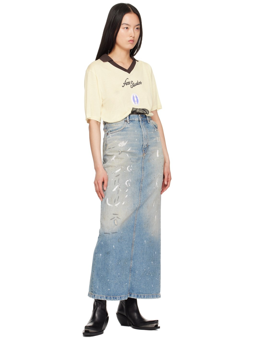 Blue Paint Splatter Denim Maxi Skirt - 4