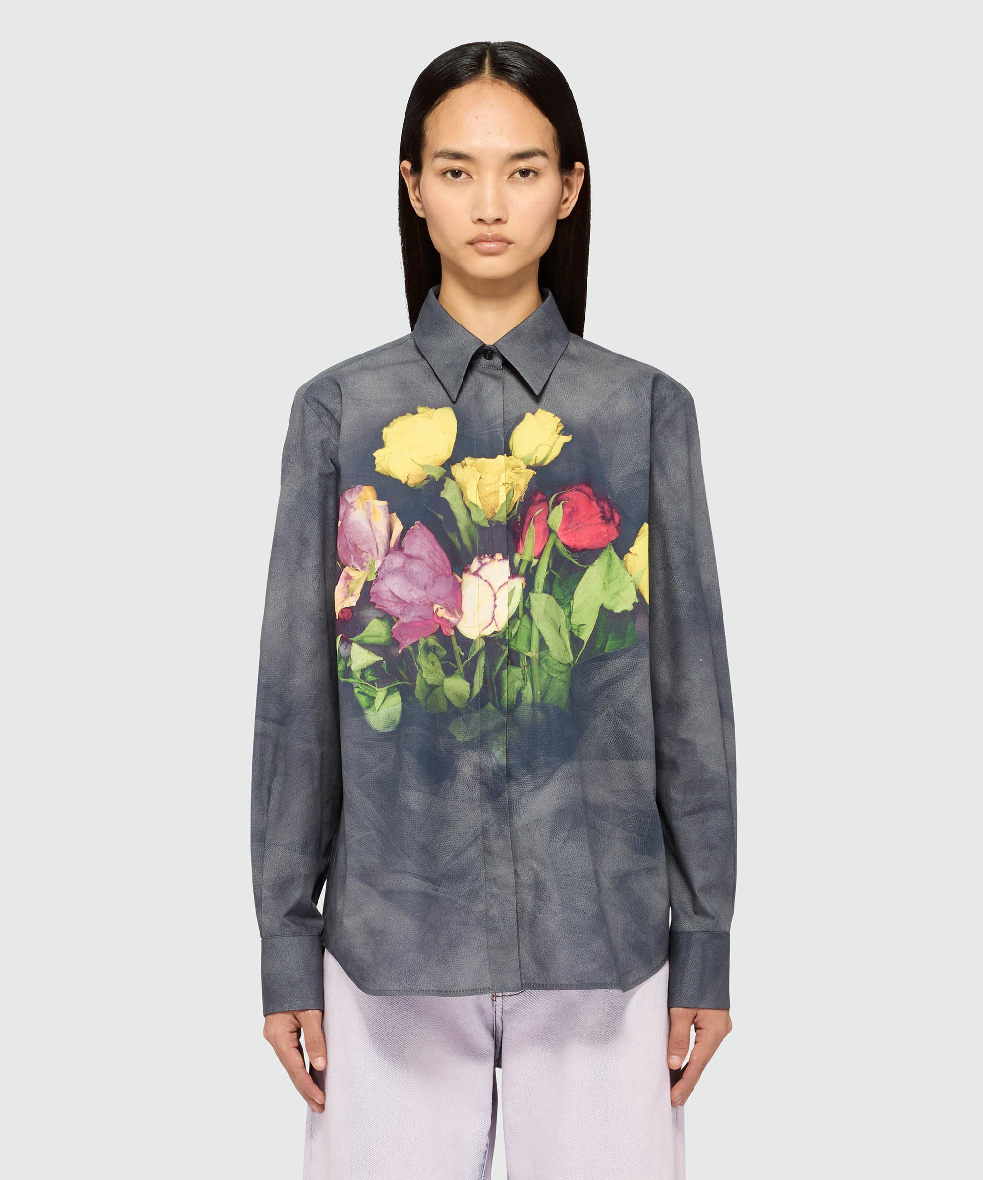 Black poplin shirt with "Roses bouquet" print - 2