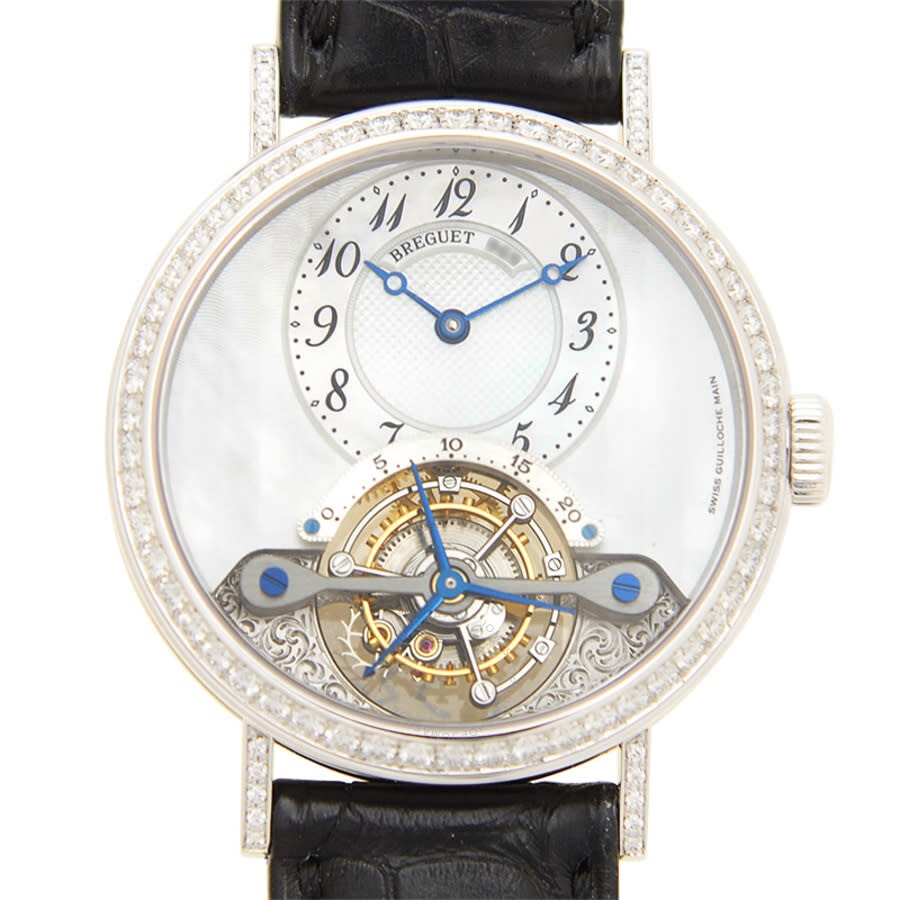 Breguet Tourbillon Mother of Pearl Dial 18kt White Gold Diamond Black Leather Ladies Watch 3358BB529 - 2