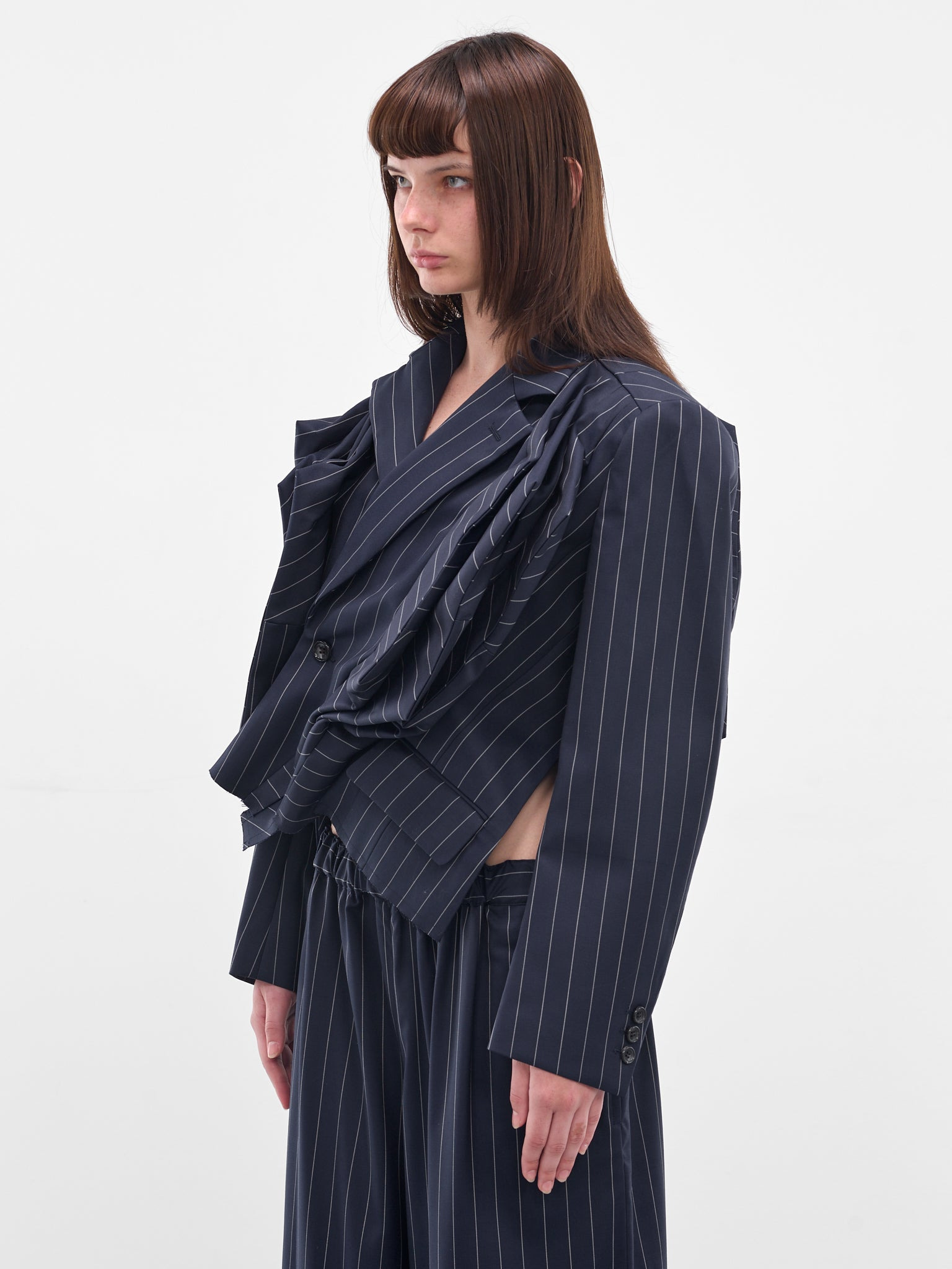 Navy Pinstripe Twisted Draping Blazer - 2