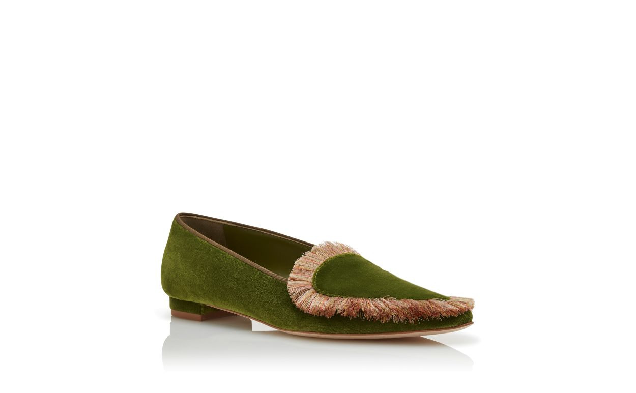 Green Velvet Fringe Detail Loafers - 3