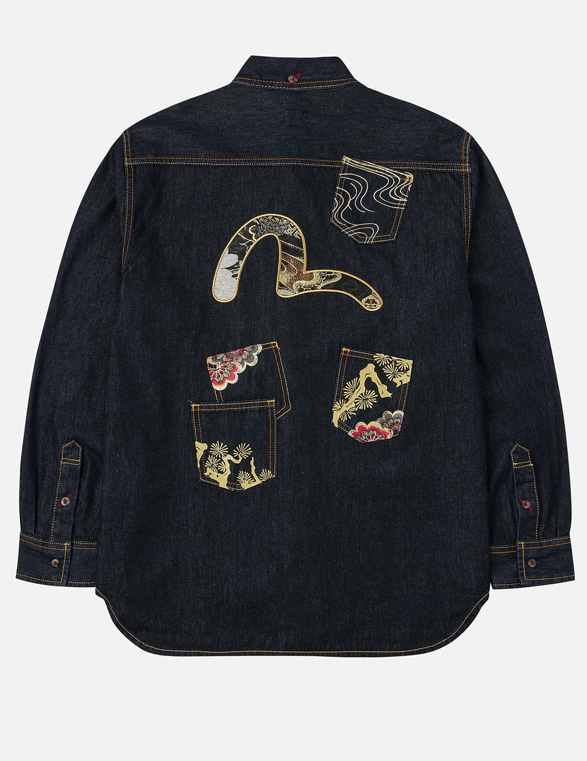 Multi-pocket and Barcode Seagull Embroidery Regular Fit Denim Shirt - 2