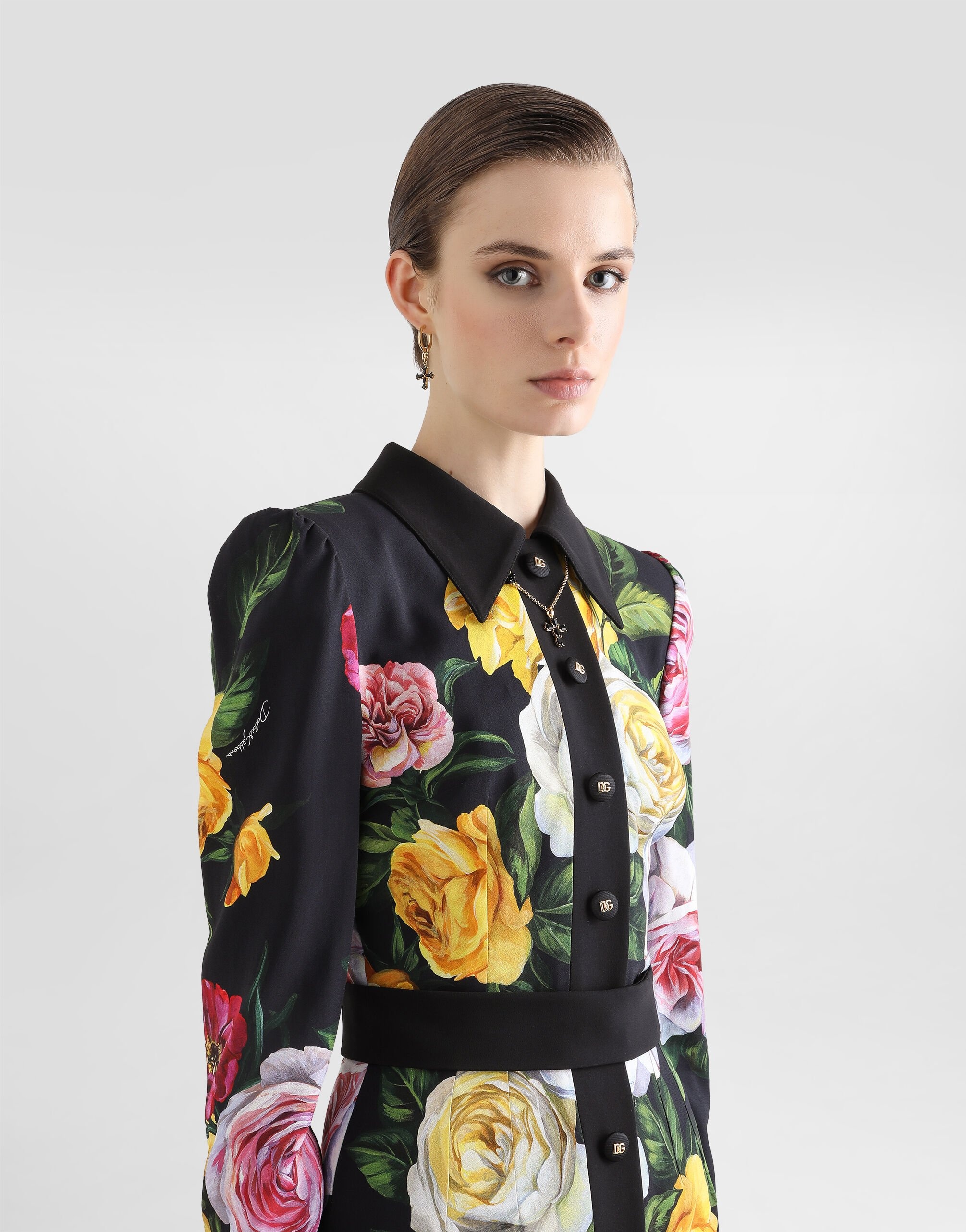 Calf-length cady shirt dress with peony and rose print - 4